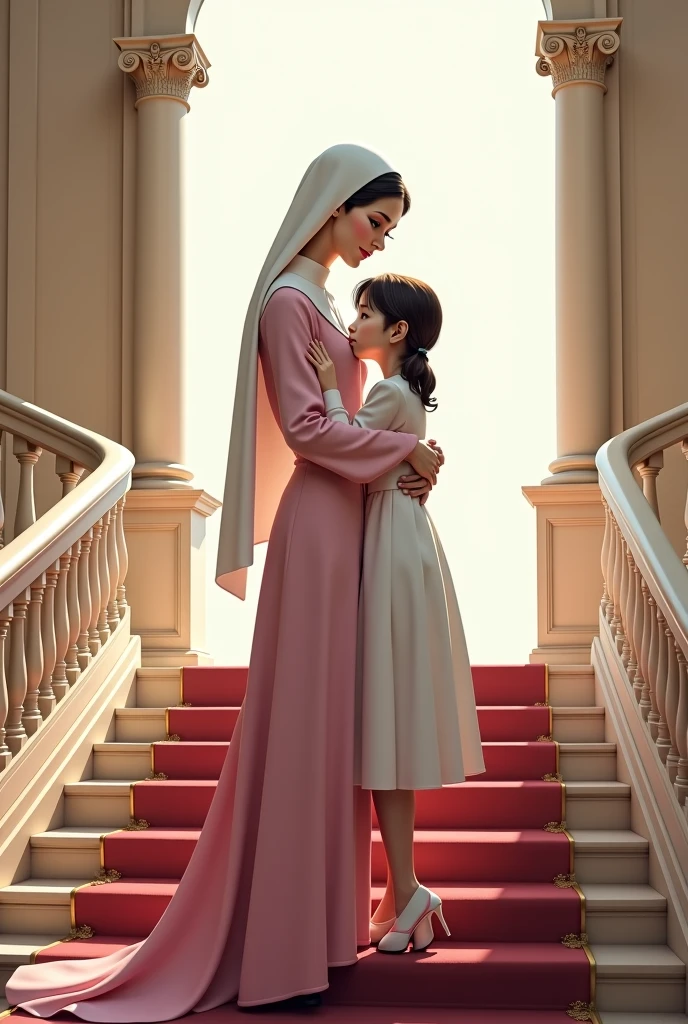 A scene set in a grand hall, featuring a solemn atmosphere with a hint of warmth. The colors of gold, burgundy, and ivory dominate the space, exuding a sense of history and grace. The focal point is a figure comforting two young women, symbolizing reconciliation and familial bond.