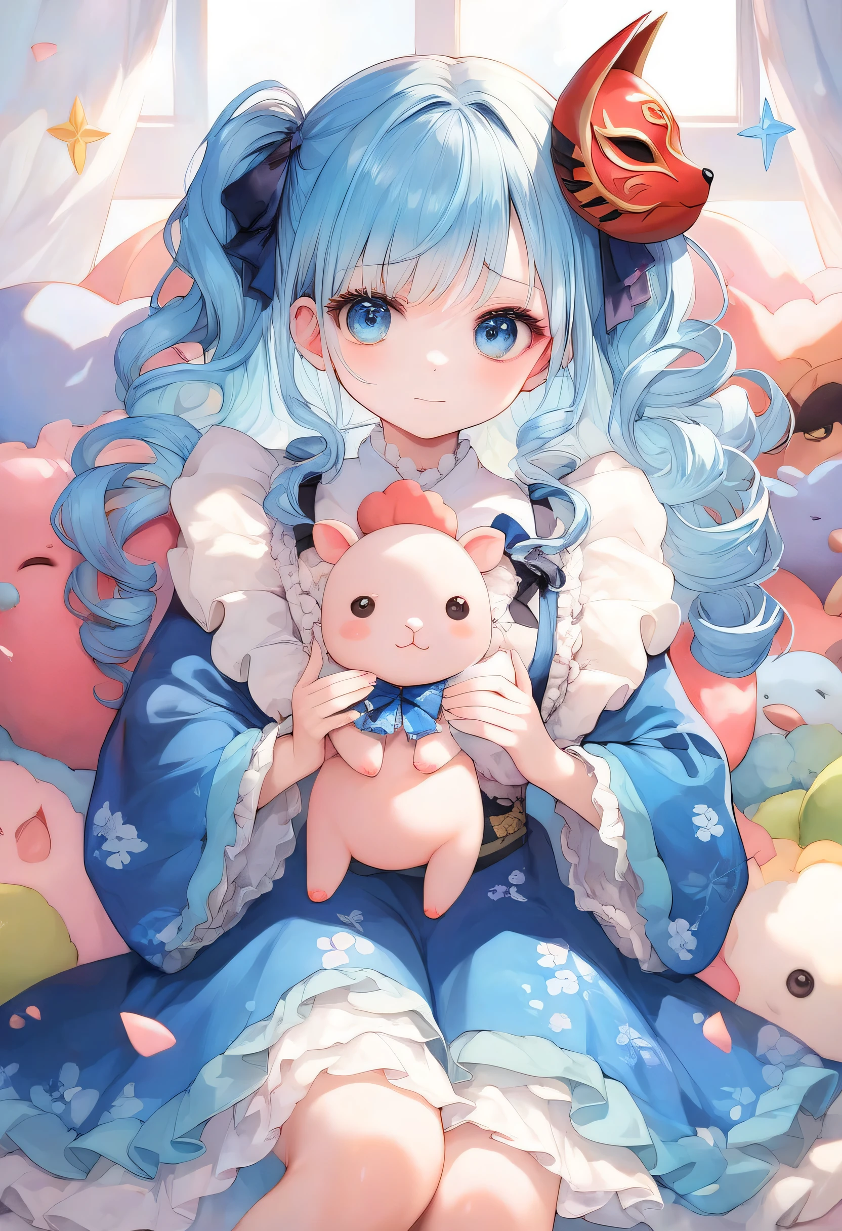 top quality,high definition,Baby Face,Lori
Blue hair,Asymhair ,only the left side hair is long,long hair,Curly hair,Curly hair ,Make the left and right hair asymmetrical,
Blue clothes,ta Outfit,Japanese Style Loli kimono,The skirt is long,Frilly Dress,
Wearing a red tengu mask,
looking at me with an upward gaze,embarrassed face,cover,holding a stuffed sheep