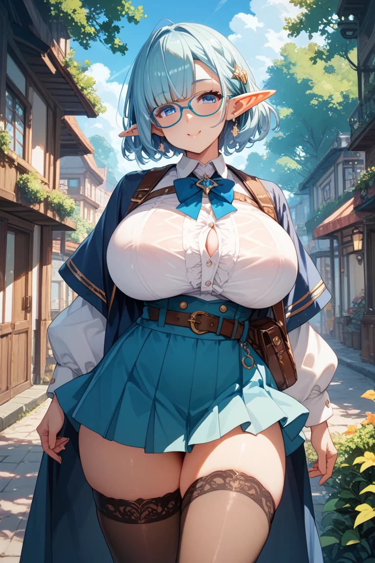 master-piece, bestquality, 1girls,16 years old, View viewers from the side, HD, slight smile, big tits, cleavage, tights cloth, , tiny body, on her kneels, outdoor, mountain, wear glasses, open mouth,
