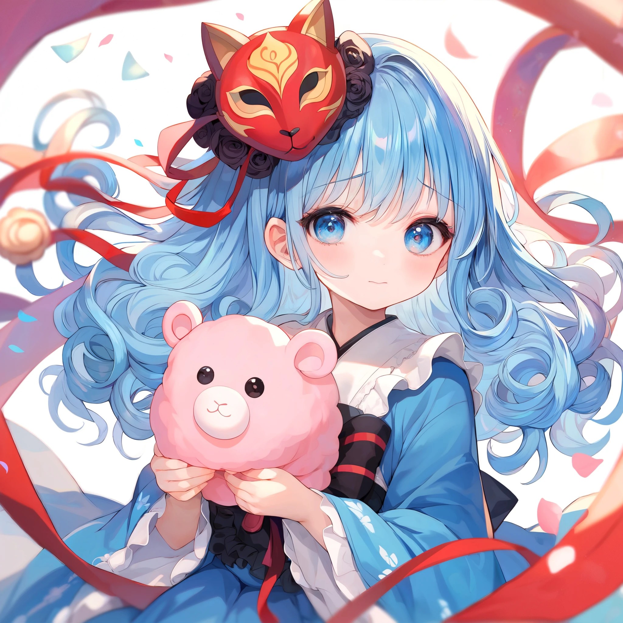 top quality,high definition,Baby Face,Lori
Blue hair,Asymhair ,only the left side hair is long,long hair,Curly hair,Curly hair ,
horizontal hair on the left and right sides asymmetrical, which is long only on the left,Make,
Blue clothes,ta Outfit,Japanese Style Loli kimono,The skirt is long,Frilly Dress,
Wearing a red tengu mask,
looking at me with an upward gaze,embarrassed face,cover,holding a stuffed sheep