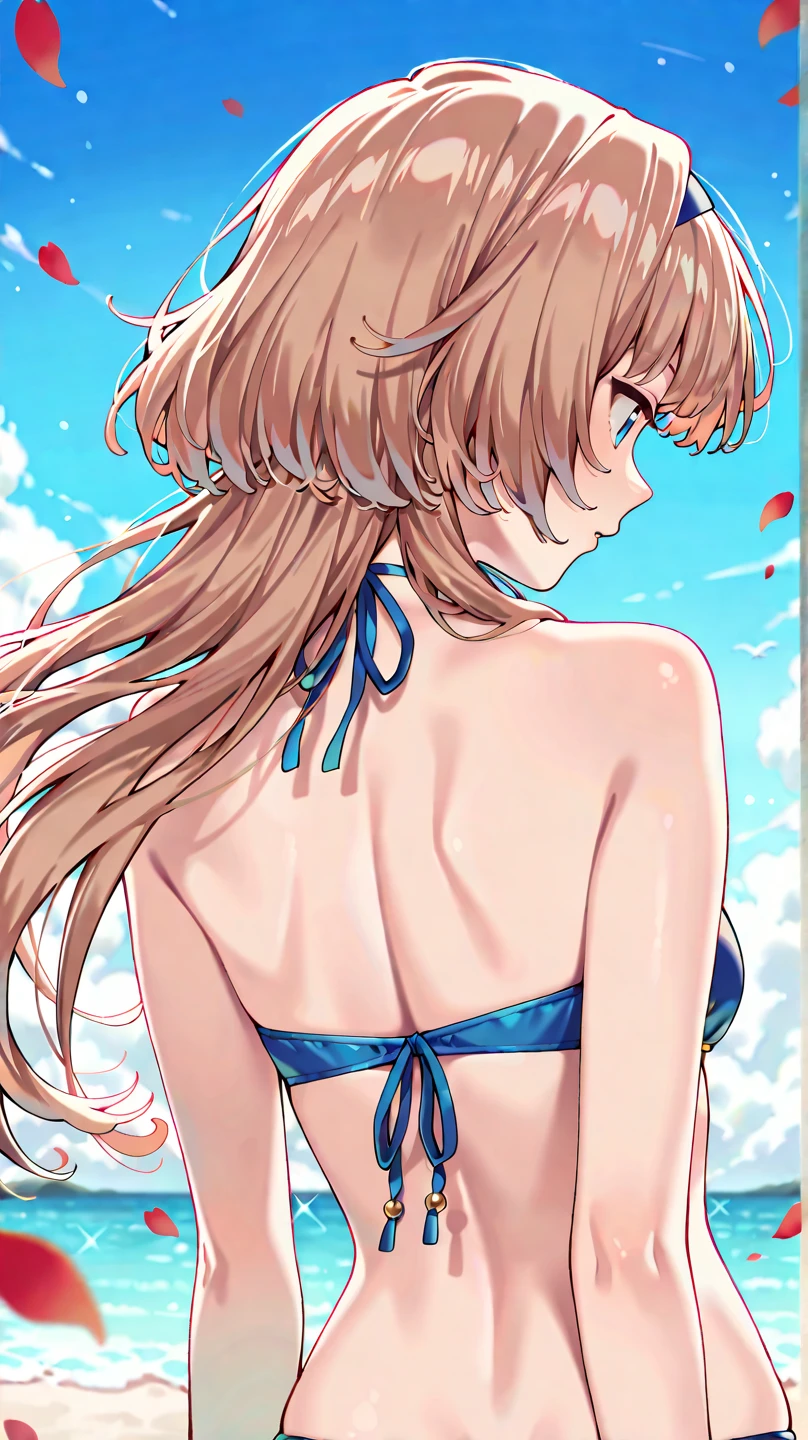 foto retrato de ((Asuka Langley en cuerpo entero)), (((beautiful asuka langley anorexic))), ((muy flaca en bikini)), ((huesos y costillas visibles)), ((small flat breasts)), ((very small waist)), piernas delgadas, ((rostro hermoso)), ((vista de perfil cuerpo entero)) de Asuka  Langley muy muy flaca, ((fondo blanco)).