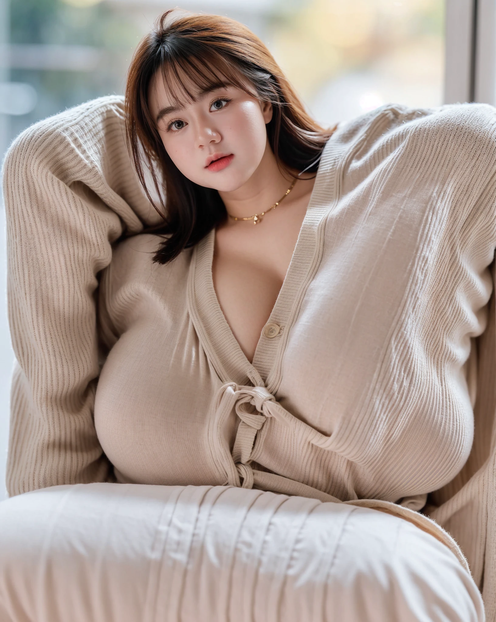 (best quality,4k,highres:1.2),ultra-detailed,(realistic,photorealistic:1.37),woman with extreme curves, obese girl, extremely big girl, really heavy, immense and enormous breasts, extremely heavy and voluminous, XXXXXL-sized chest, tight and form-fitting clothes, the tightness of the clothes accentuates the excess flesh around the breasts, beautiful cleavage, make the biggest breasts ever, unrealistically big. Surprised expression, eye closed, mouth open. She wear a sweater with a zipper that is a little bit opened let us see her bra.