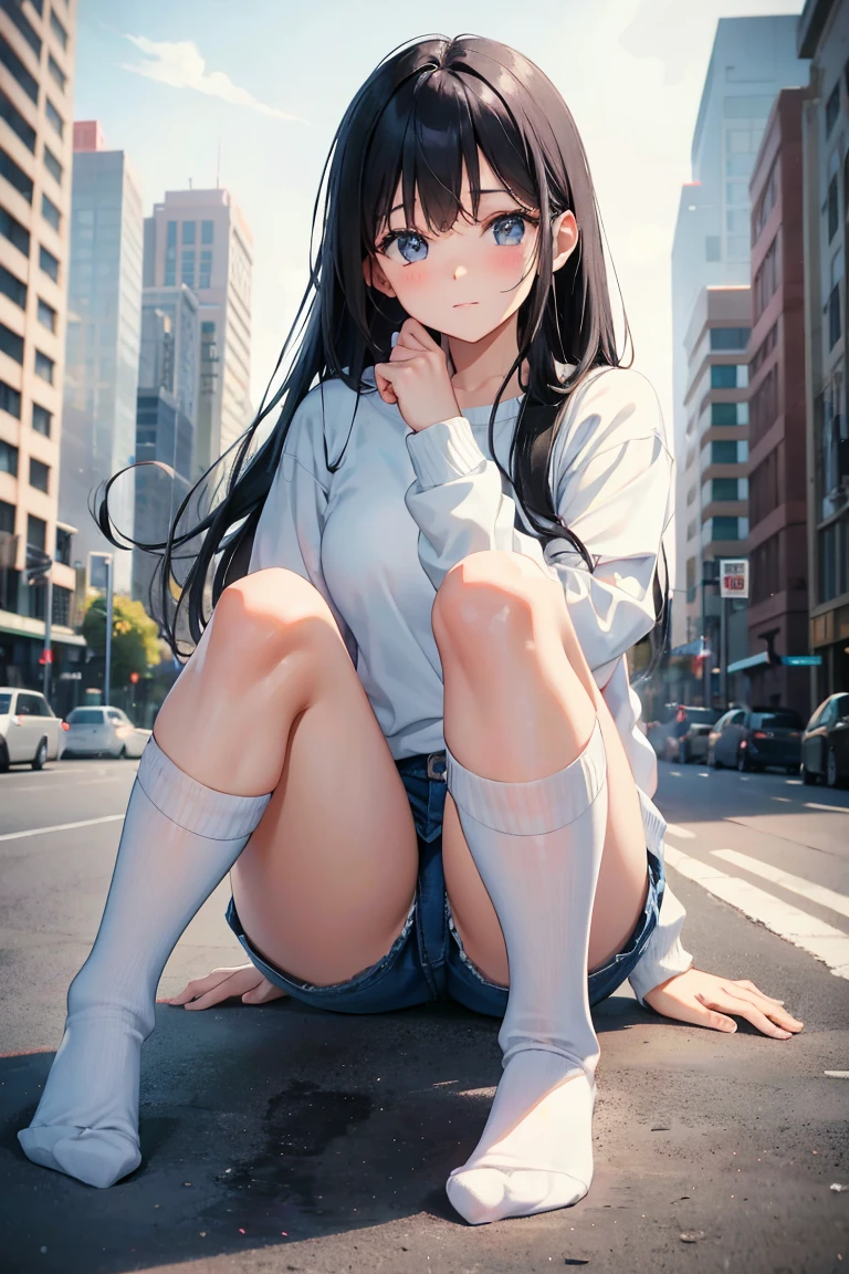 very cute and beautiful girl,(Very detailed美しい顔), (smile),blush,Black Hair,Seraphim,(White Shirt、Pleated navy blue pread your legs、Squat)、Sitting、(From below)、(Black tights、Lacy white ), Country road, (Highest quality,masterpiece:1.0),Absurd,High resolution,Super detailed,Very detailed,32K,8k resolution, Intricate details,Movie Scenes,Detailed Background,alone,Dynamic Angle,