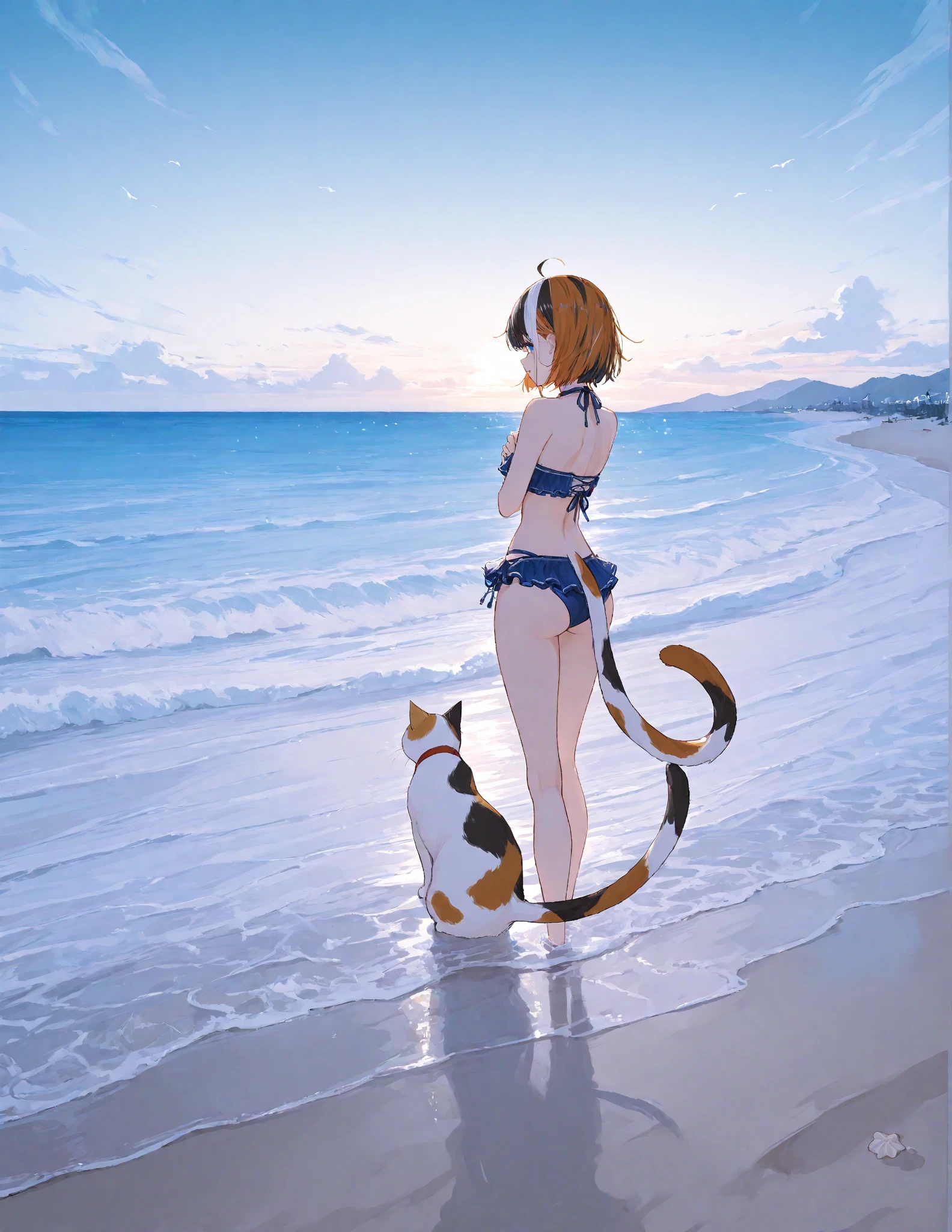 anime girl in a bikini on the beach with a cat tail, realistic bikini, commission for high res, Overwatch tracer in a bikini, full body:: sunny weather:: full body portrait of a short!, standing at the beach, on a sunny beach, at a tropical beach, at the beach, full body commission for, in the beach, posing on the beach
