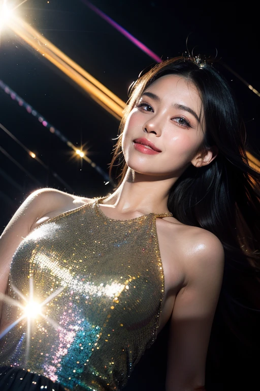 ((Highest quality, 8k, Tabletop:1.3, 2 girls, beautiful girl)), cute, dynamism, Detailed face, Detailed skin, Detailed eyes, Detailed lips, Detailed fingers, Mouth details, Detailed teeth, Detailed tongue, Round eyes, Tear bags, Realistic, RAW Photos, Natural light, Perfect Anatomy, High resolution, ((Colorful liquid on naked body:1.2)), Bronze T-shirt, Colorful background, chest, twin color hair, Sitting