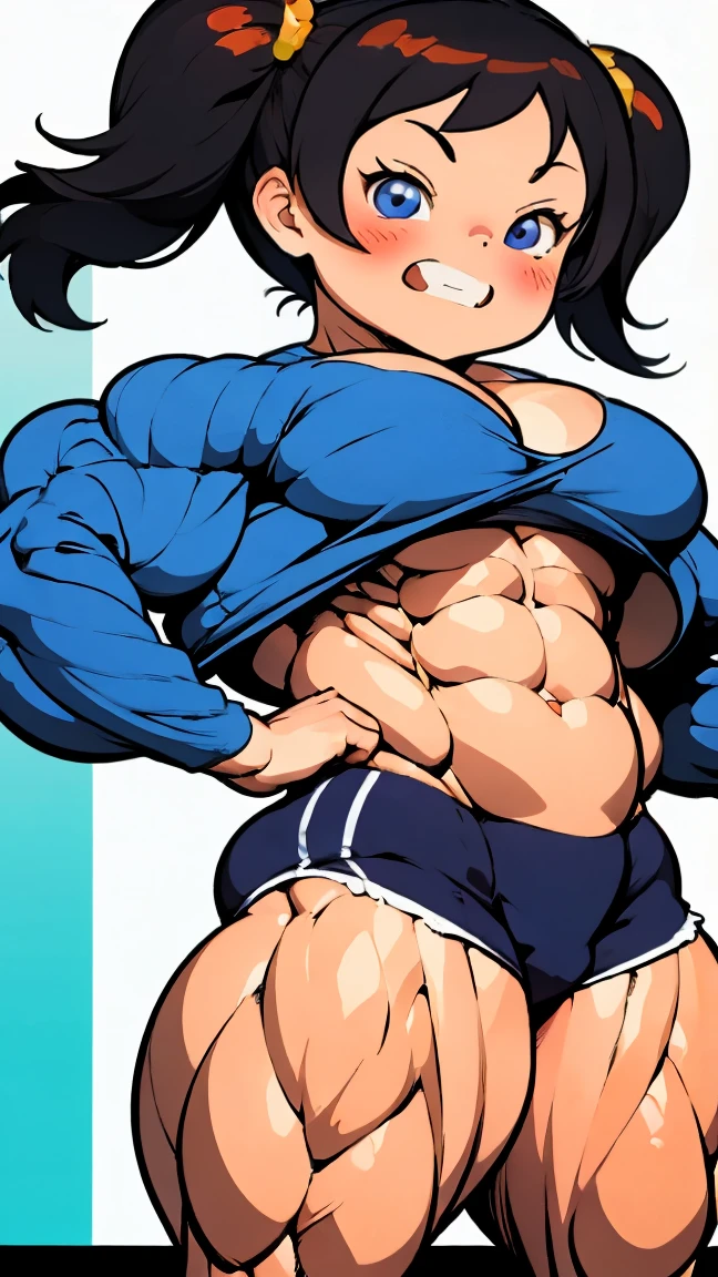 wide hips curvy thick thighs voluptuous large breasts muscular toned body bodybuilder black hair pale skin yellow eyes skintight expressionless sad sad