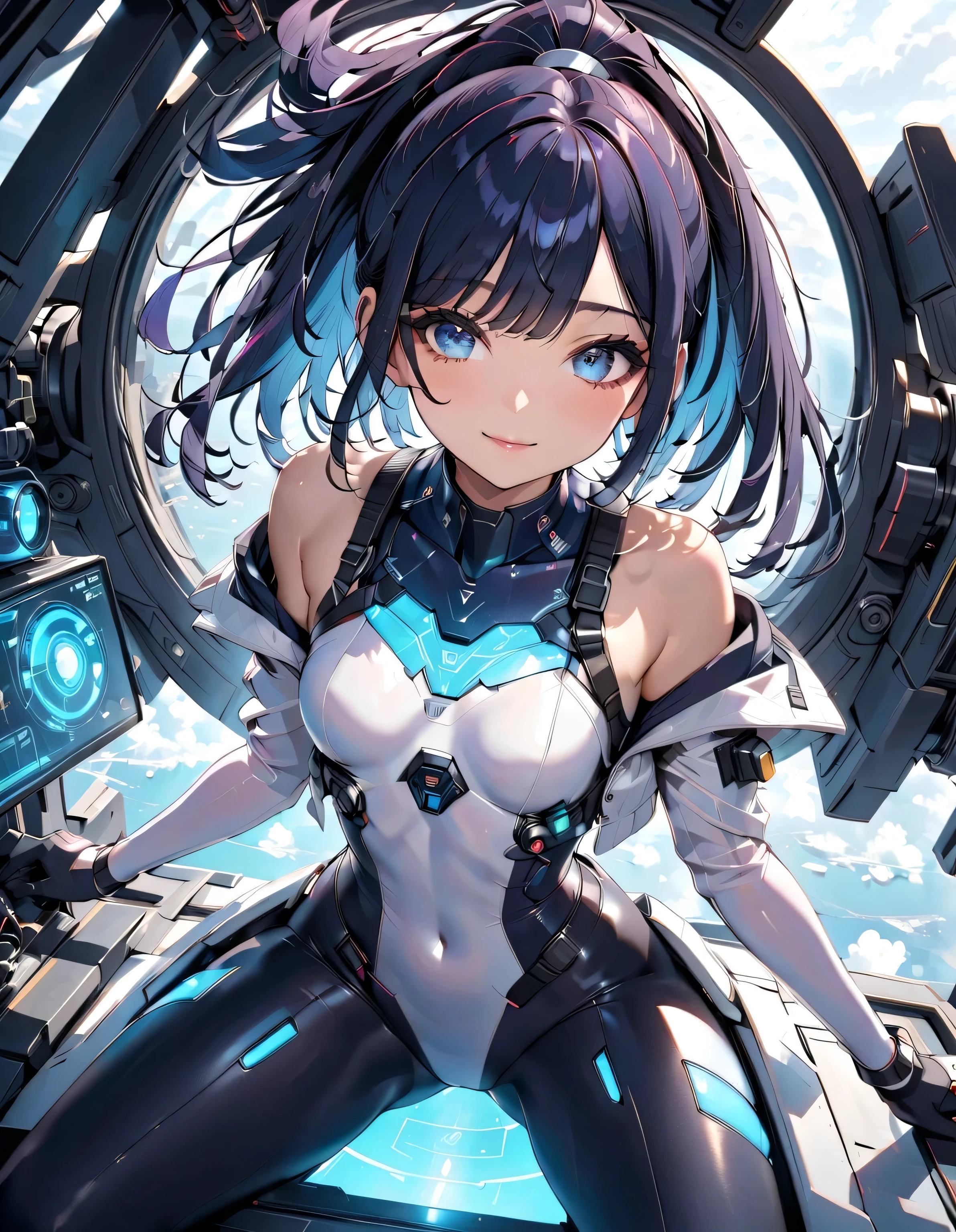 (masterpiece、highest quality、highest resolution、clear_image、detailed details、Angle from above): (full body figure、One 20 year old girl、Japanese faces、small face、Slender、Navy blue super short bob cut hair、(hidden small breasts:1.3)、sparkling blue eyes、Shiny pilot suit in blue and black colors、armor that protects the chest、tight fitting clothes、clothes that cover the whole body、shiny clothes、tight fit pants、hide the skin、very delicate and beautiful、detailed skin、hide thighs、hide your butt、cute type、gentle smile、soft expression、heroine、headset、Knee-high boots、gloves up to the elbow、eye level shot、facing directly、woman on a spaceship)