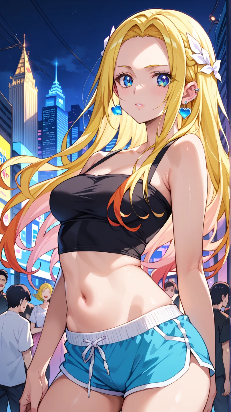 1girl, blue eyes, blonde hair, topless, pants, standing, city, crowds, (flat chest:1.3), standing, (triceps:1), (biceps:1), (abs:1), (deltoids:1), smirk, (wide hips:1.3), (:1)