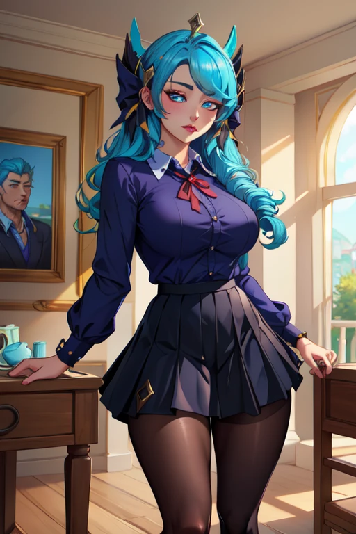 Franziska Von Karma ((Phoenix Wright : ace attorney)) in a justice Hall, Lawyer, 30 ans, Cyan Blue Hair, Puffy clothes, Clothing with ruffles, Wear a blue pant ,Use a Whip, Cyan blue clothes, , Regard strict, Stern look. (Best quality:1.1), (Masterpiece:1.4), (cheveux volumineux)+ , cheveux courts, Squared Chheveux (Yeux verts) Petits seins, (small lips ) + pose dynamique ,