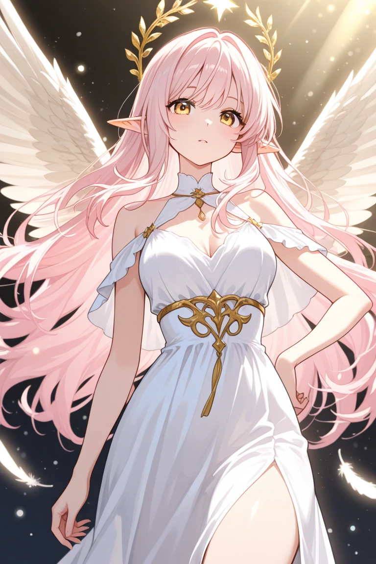 best quality, master piece, Tall, alone, {Circe_FGO:1.15}, pointed_Ears, Pink_fur, Head_Wings, Wings, fringe, feathered_Wings, Long_hair, jewel, smile, breasts, necklace, blush, small_breasts, multicolored_eye, 1girl, bracelet, looking_at_viewer, blue_eye, white_backstory, tiara, santa klaus outfits, christmas outfit, sey clothes, red christmas clothes