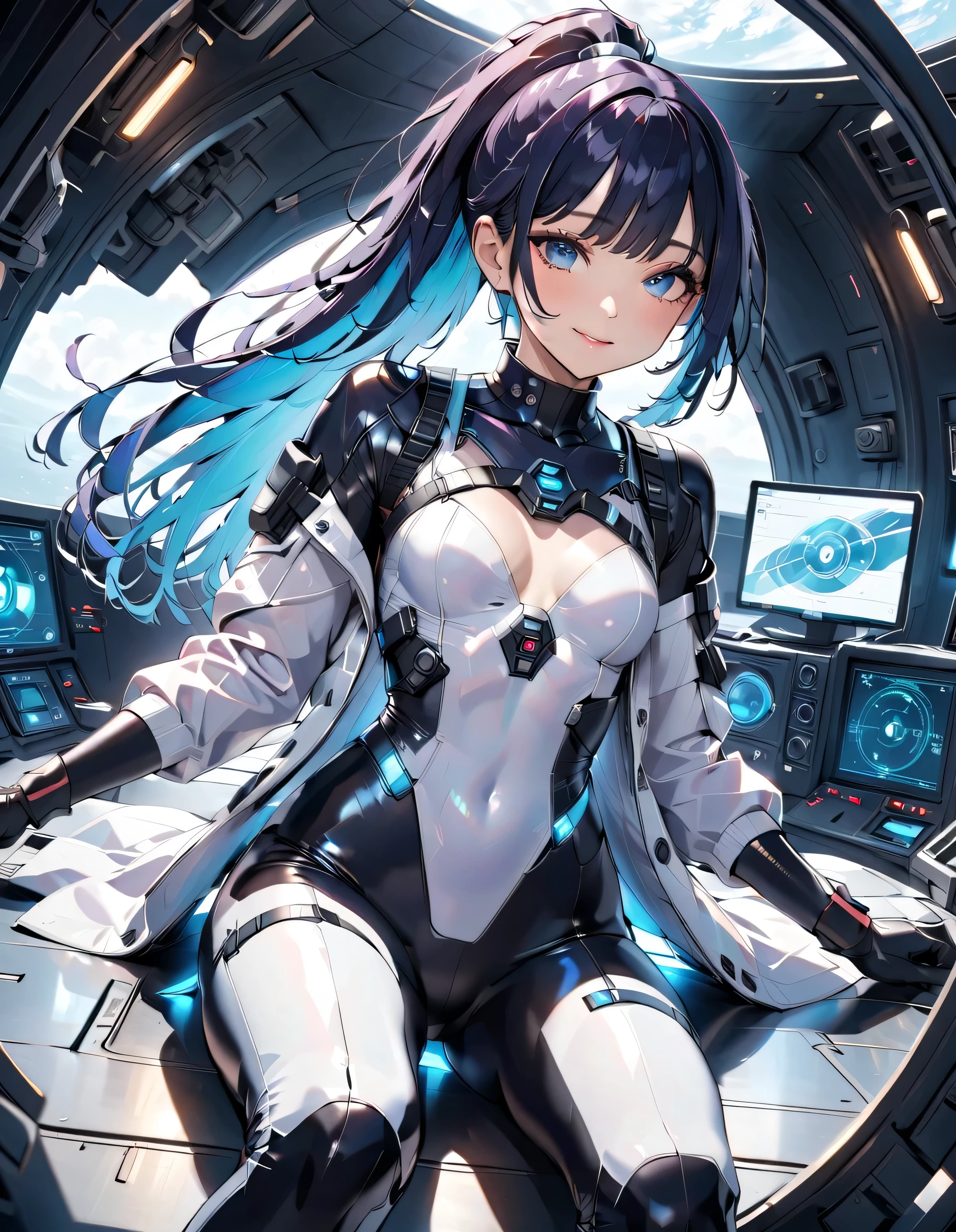 ​masterpiece:1.4, 2 girls in ((20yr old, Wearing a tight, futuristic metallic white bodysuit,long boots, huge-breasted, Girl with blue hair、A pink-haired, Braided hair,marguerite&#39;Hairstyles, Perfect model body, Blue eyes:1.4, Wearing headphones, Flirting, Happy,  Looking out the window of the futuristic sci-fi space station、While admiring the beautiful galaxy:1.2, SFSF control room on night background:1.1, Neon and energetic atmosphere:1.2)) ((Galaxy)) ((Solo:1.6))