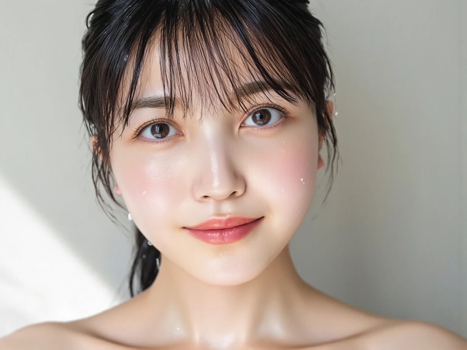 Beautiful cute girl、(​masterpiece:1.3)、(8K分辨率、Photorealsitic、Raw photography、top-quality:1.4)、foco nítido:1.2、Beautiful woman with perfect body:1.4、Slim abdomen:1.1、((Layered Haircut))、(no-bra)、(pubick hair)、Highly detailed facial and skin texture、A detailed eye、 二重まぶた、beautiful countenance、Beautiful hairstyle、realisticeyes、beautiful finely detailed eyes、(real looking skin)、enticing、超A high resolution、A hyper-realistic、ighly detailed、(Detal Face:1.2)、looking at the viewers、A smile、Perfect slim figure、((From high-angle shots))、(tongue out and mouth open:1.2)、(Look up into the eyes:1.3)、(Her face and chest are wet)、 ((She's wet))、(((cum on facial:1.4)))