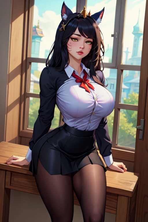 (masterpiece, best quality, ultra detailed), ((blush all over face)), (detailed background: 1.2), (perfect face, detailed face), looking at viewer, (mature woman: 1.4), thick thighs, 1girl, alone, clorinde, long hair, short blouse, hair between eyes, short skirt, miniskirt, thigh strap, white blouse (bedroom, standing, arms behind her back , leaning forward),