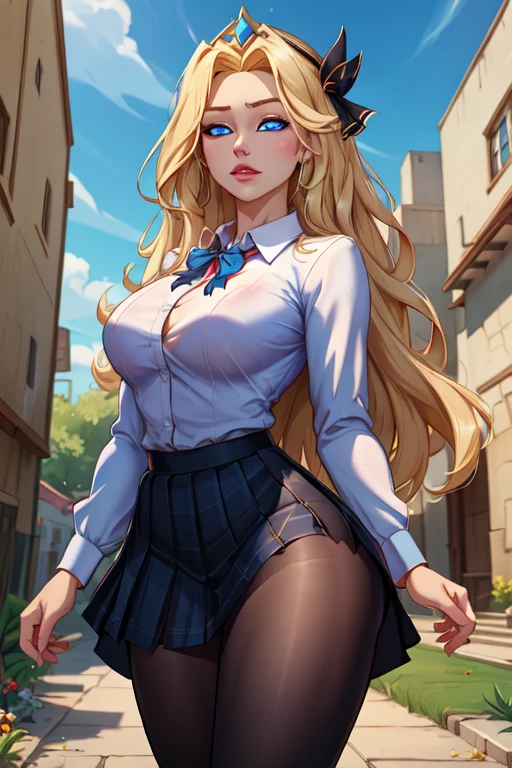 only/just 1 character, a girl,, hair in a pony tail, blonde hair, blue eyes, , Hair Flower, , , Big eyes, plaid skirts, black thigh-highs, embarrassed, b1mb0, detailed skin skin blemish