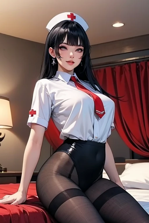 Photorealistic, high resolution, A Japanese Nurse named Jade, Busty, Double D cup, Solo, Hips up, (Detailed face), wearing her nurse outfit. Black stockings. Black hair, Long hair. Fully clothed, Nurse Hat. Sitting on her red leather chair, realistic hands