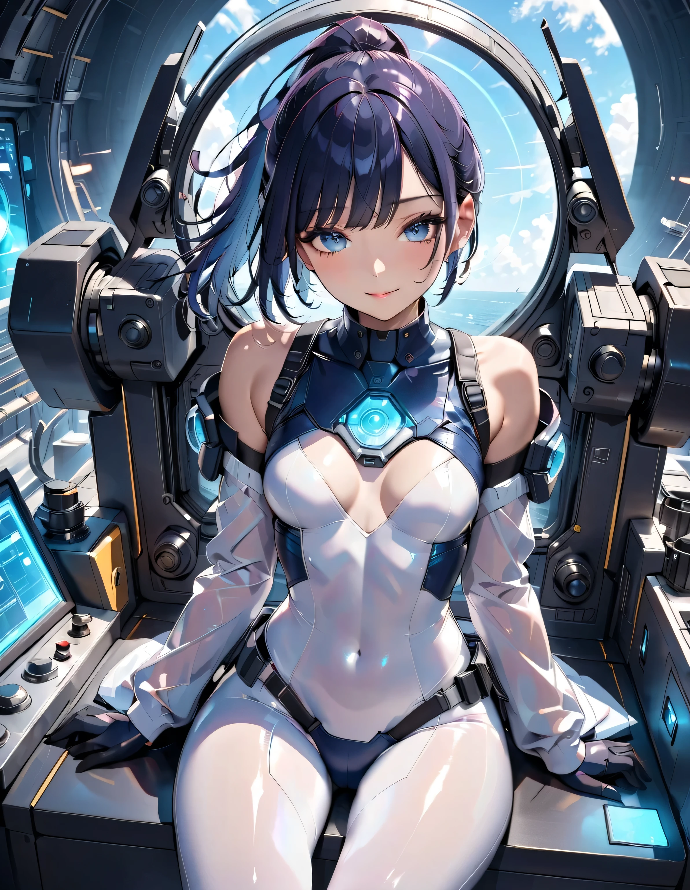 (masterpiece、highest quality、Highest Resolution、Clear_image、Detailed details、Angle from above): (Whole body、One 20 year old girl、Japanese Faces、Small Face、Slender、Navy blue super short bob cut hair、(Hidden small breasts:1.3)、Sparkling blue eyes、Shiny pilot suit in blue and black colors、Chest protection armor、Tight fitting clothes、Clothing that covers the whole body、Glamorous clothes、Tight Fit Pants、Hide your skin、Very delicate and beautiful、Detailed Skin、hide thighs、Hide your ass、Cute、A gentle smile、Soft expression、heroine、headset、Knee-high boots、Elbow-length gloves、Eye Level Shot、Face directly、Woman on a spaceship)