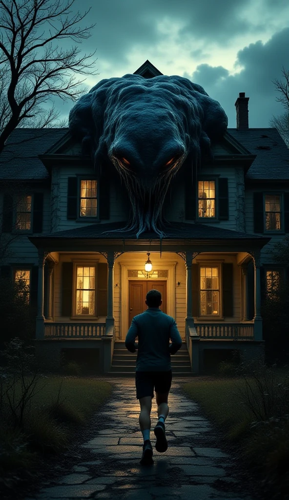 Two terrible ghosts with blood, big teeth, haunted house behind, washed around, a young man walking towards that house.