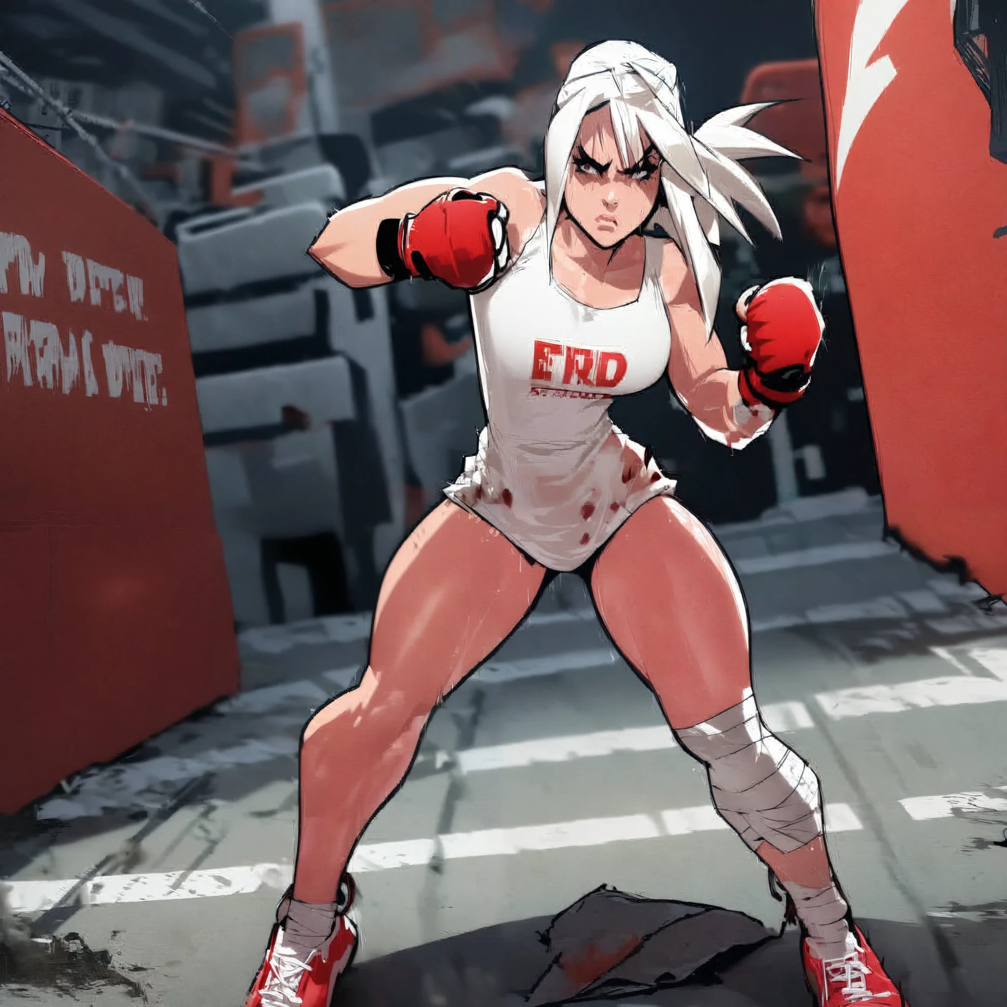 High resolution, side view of a street fighter girl, white shirt, Short and red pollerita, torso superior, Body injured by a fight, with a 2d style, serious and violent, Athletic, Fight alley, tired, bandages on the legs, legs and thighs