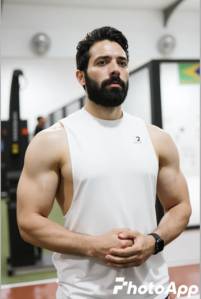 Qualidade de imagem ultra-alta, realistic and strong male characteristics, um homem inspirado em Henry Cavill como Wolverine, Um homem, cabelo curto, cabelo castanho, muscular, facial hair, olhos verdes, parque, regata, shorts, peito peludo, Dia Luz, extremamente quente e sexy, perfect abs, full body view (vista frontal), luz difusa, location: parque, foto colorida, (candid human pele), pele