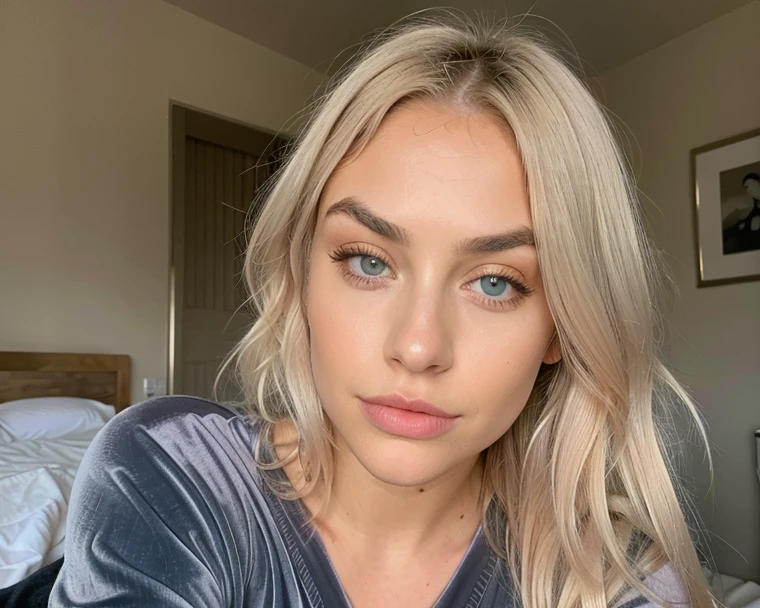 white northerner with platinum blonde hair, platinum subtle natural eyebrows and blue eyes. Fully dressed. No make up, selfie in the room. super realistic and detailed