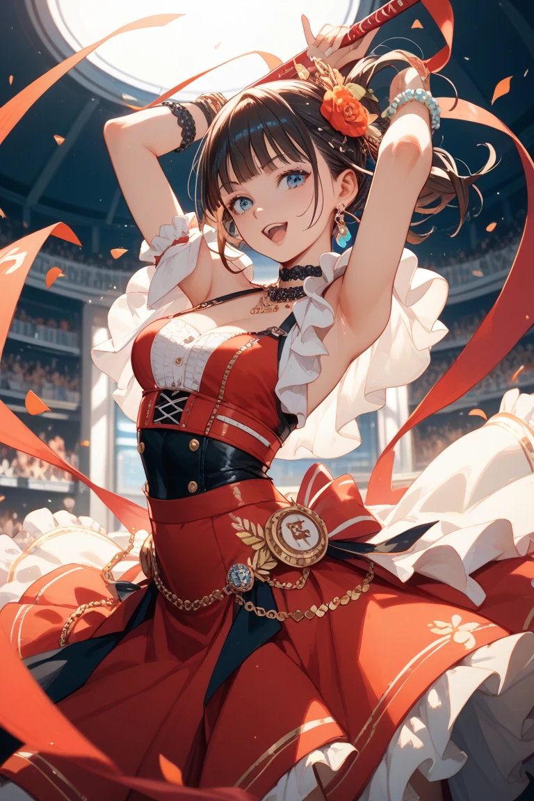 (8k, Ultra-high resolution, The best masterpiece, best quality:1.2), Very detailed, Complete Solution, (actual, actual photo: 1.37), focus on eyes, HD RAW photos, career arrest, High quality and beautiful, 超高清 8k 影像照片, confess, Professional photography, Very detailed的美麗女孩, Super delicate face shape, Contoured eyes, (Very detailed eyes), Precisely shaped nose, expressive lips, Delicate skin, (HD Skin:1.2), Neatly contoured fingers, Every feature is carefully displayed, (25:1.2), Twenty generations, cute girl, Beautiful mature lady, solo, k-pop artist, Very beautiful Korean singing idol, (Sing:1.2) (Dynamic dance performance poses:1.2), Vibrant look, (Creative colorful idol skirt:1.2), shiny decoration, top idol, Dynamic long hair, sparkling amber eyes, red lips, Heavy makeup, Big breasts, (Hold the microphone), one hand raised, Sensual dance, powerful dance, (music stage) Indoors, large concert, (neon lights:1.3), stage spotlight, (Colored spotlight), swirl pattern, (audience:1.2), (A group of energetic and passionate fans:1.4), perfect anatomy, Detailed background, HD Background, , (Volumetric lighting, Dynamic lighting:1.2), actual, stunning details, 8k Ultra HD, high quality, CG unity, C4D Rendering, 3D Rendering