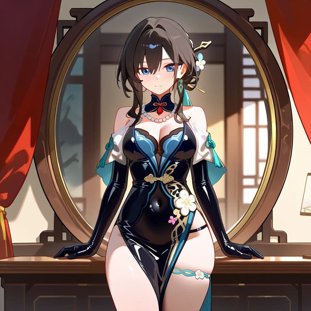 A cute girl,Wearing a glass-colored cheongsam with slits,black hair,Blatant clavicle,Wear mist-transparent underwear,The belly button is exposed and the abdomen is visible