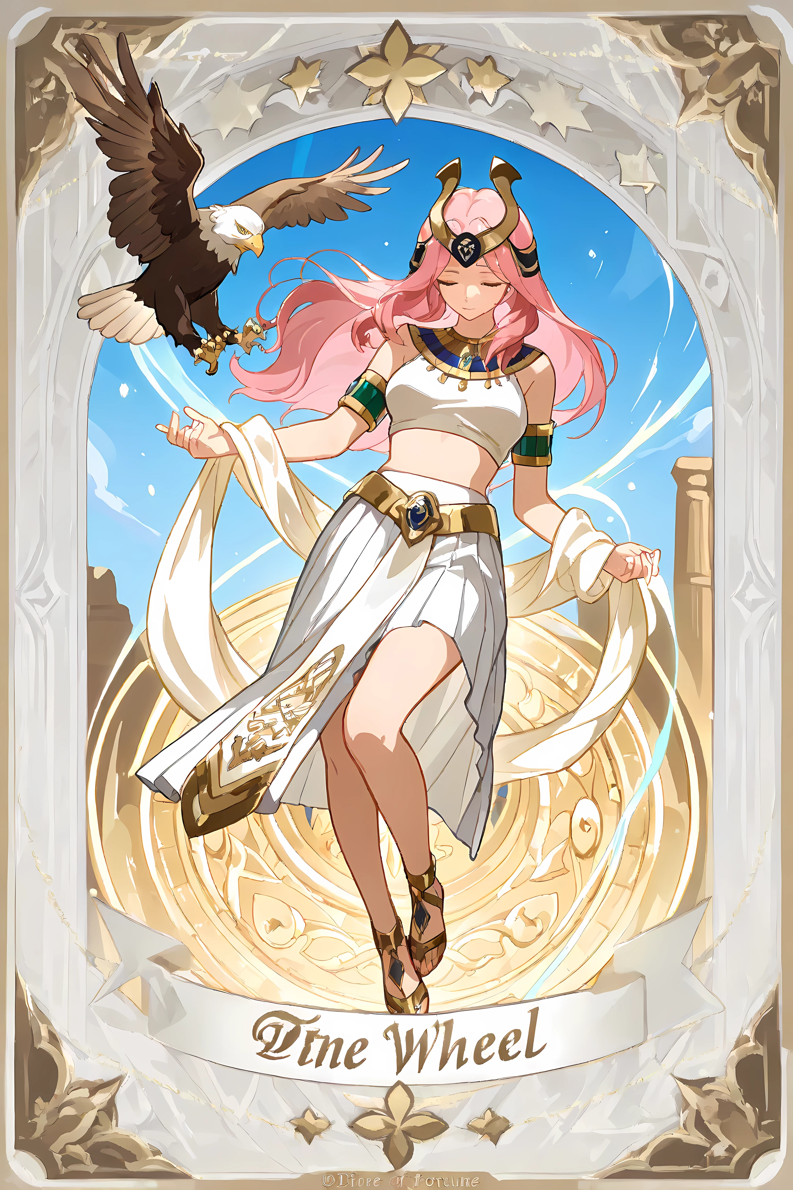 (Tarot theme, Title: The Wheel of Fortune), soft shading, anime-style eyes, full body, dynamic angle, floating, soft expression, closed mouth, closed eyes,
1girl, wind-blown hair, mature girl, long pink hair, parted bangs,
Ancient Egyptian attire, white linen crop top, short pleated skirt, gold belt, armbands, ornate golden necklace, headpiece, Egyptian sandals,
Blue sky, soft white clouds, glowing golden "Wheel of Fortune" behind the character, ((an eagle soaring)), intricate Egyptian patterns, glowing mystical symbols, luxurious, magical atmosphere,
Ethereal lighting, soft magical glow, gentle sunlight, divine ambiance, subtle sparkles, flowing fabric and hair.