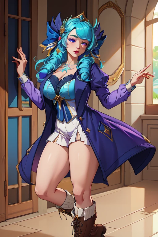 Gender: FemaleHeight: Approximately 163 cm (5'4")Physical appearance:hair: long, lacio y violet in color. Tied in two high pigtails with gold bows.eyes: big ones, violet in color.fur: clara.outfit:Main Suit: Short combat dress in purple and white tones with gold details.Upper part: Purple fitted bodice with gold decorations and light gold armor on the shoulders.Bottom: short skirt with ruffles, with gold patterns and white details.Accessories: Gloves without fingers, golden ribbons tied around arms and legs, short and thin coat.Footwear: Knee High Boots, purple with gold and white details.

Medium large breasts with cleavage. If your height must be one meter sixty. The camera perspective should be upwards and highlight her nylon stockings.
