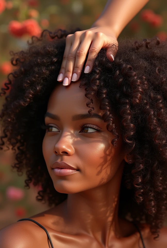 macro close-up shot of a cute black african Shin Hati smiling (combing her hair with her hands:1.2) looking at viewer seductively, luxurious looking turtleneck, extremely long curly hair, seductive, confident, skin pores, imperfections, natural, beautiful eyes, dark skin, black skin, (big hair), perfect teeth, (freckles:1.2), velus hairs, 100mm f/2.8 macro lens, film grain, candid camera, color graded cinematic, 1960s vintage RAW photo, eye catchlights, catchlights in eyes, dramatic lighting, atmospheric lighting, rembrandt lighting,