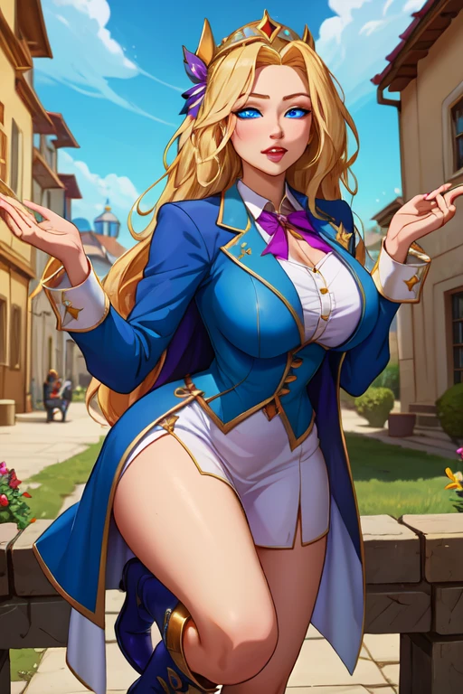 (Obra maestra:1.2), (La mejor calidad:1.2), Perfect lighting, Chica Maga Oscura lanzando un hechizo, In his twenties, flotando en el aire, tetas grandes, escote, blue robe, sombrero grande, desde arriba, Destellos, Yugioh Card en el fondo