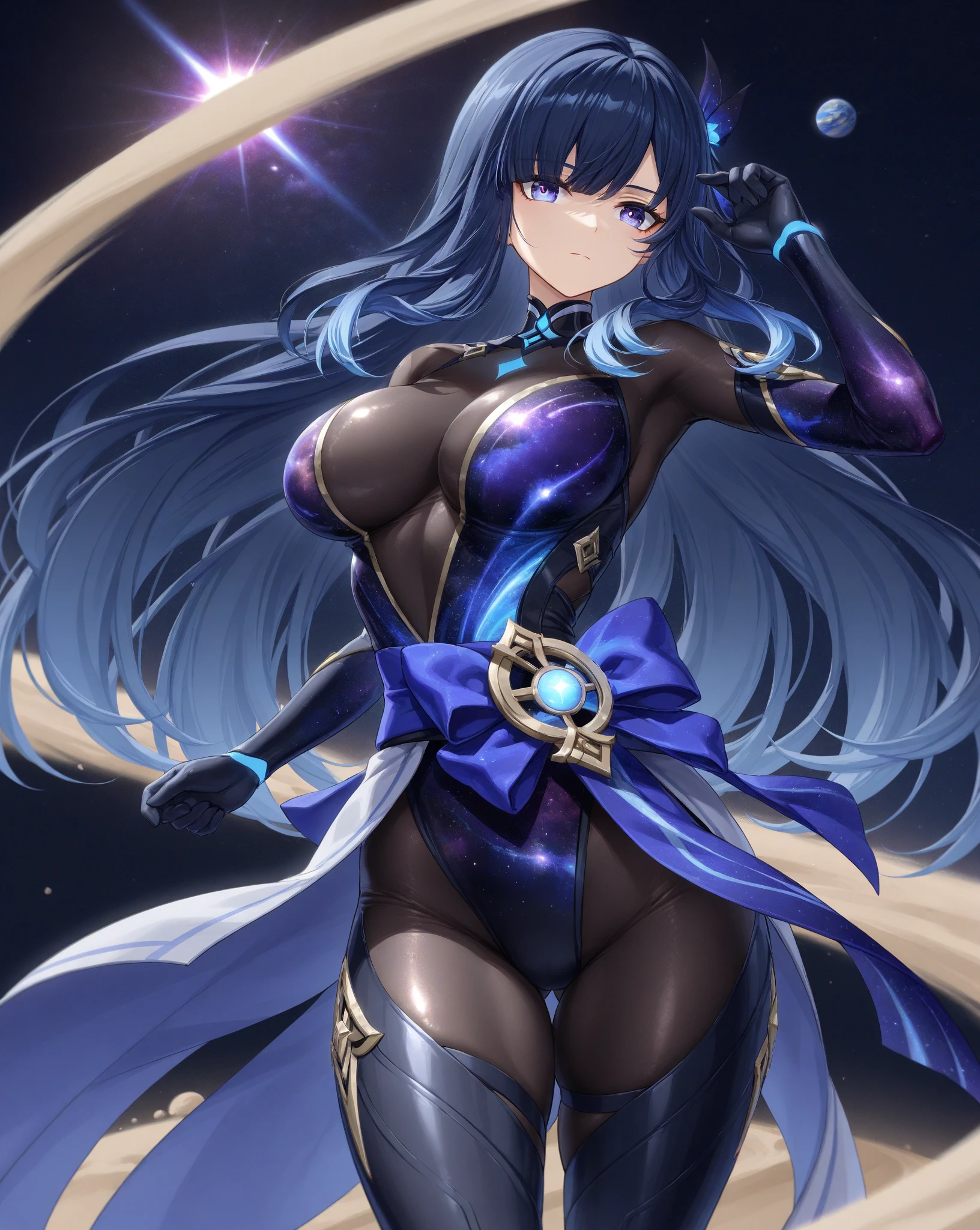 A grand divine cosmic goddess, (2d illustration:1.2), Dark, purple, blue, starry, (imposing), (grand), (1woman:1.3), ((sfw:1.4))