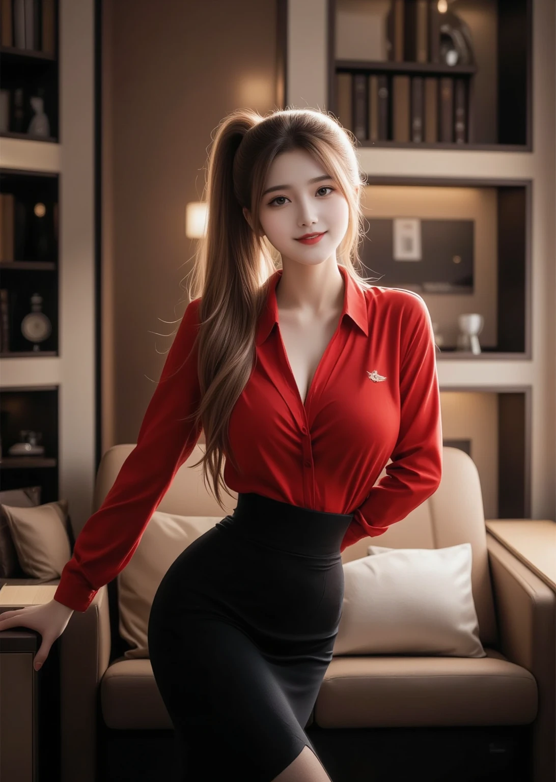最high quality, 8k, Masseter muscle area, Vibrant, Sharp focus, high quality, High resolution, alone, Middle-aged women, Beautiful woman, Age 35, Whole Body Ezbian, Wearing high heels, Highly detailed face, Highly detailed eyes, Thick lips, ((Looking at the audience)), Standard body type, Short black hair, Clothing with a small opening in the chest area、(Red blouse:1.2)、(smile:1.4)
