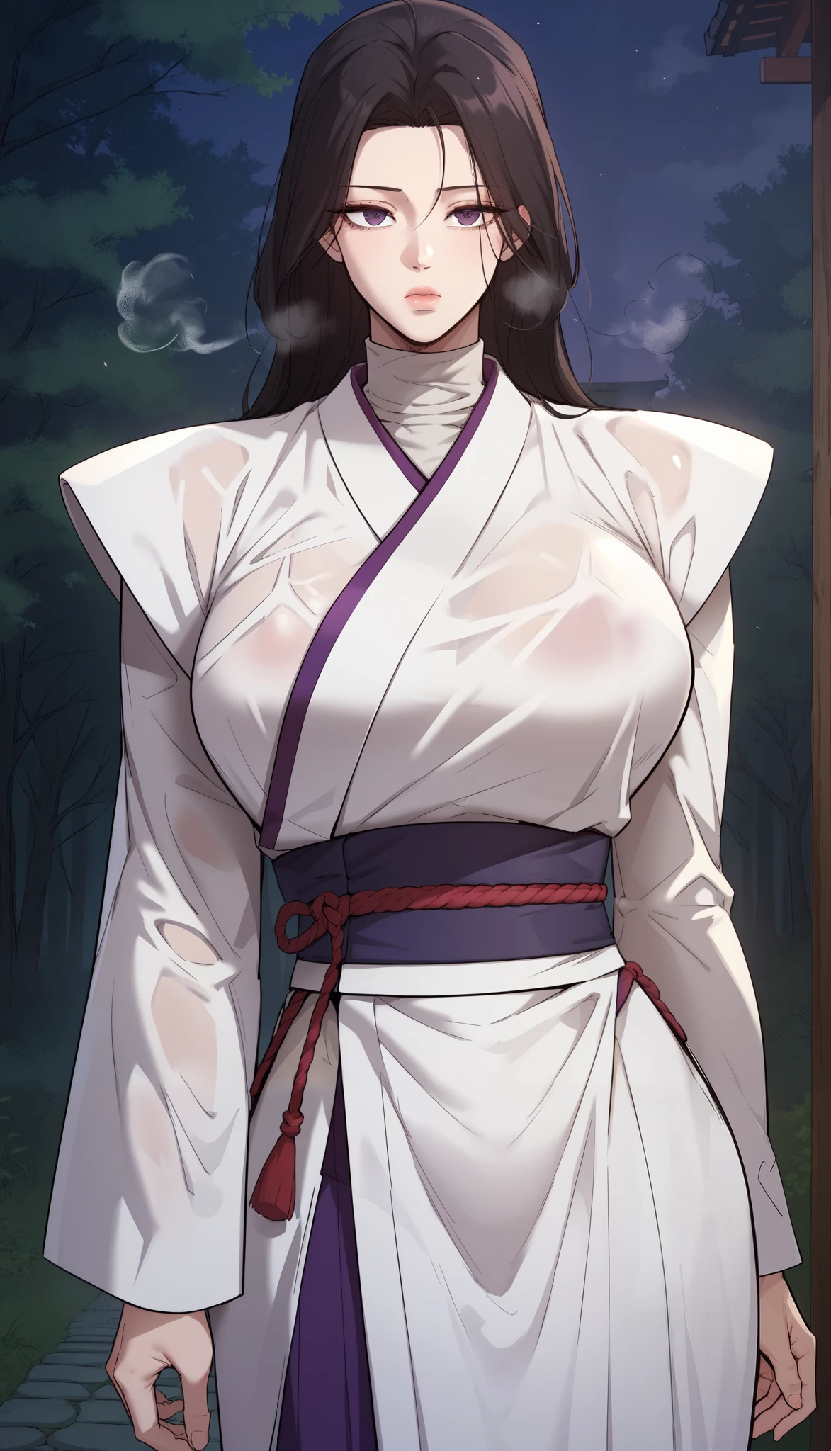 ((masterpiece)), top quality, very detailed , masterpiece, Best Quality , Fraction_9, Fraction_8_up, Fraction_7_up, Fraction_6_up, source_ Japanese cartoon , grade_explicit, 1 Girl, ( unique :1.1), Big Breasts, long hair, Black Hair, Purple Eyes , Japanese costume , White Kimono , Turtleneck, Long sleeve, Long skirt, expressionless, Narrow shoulders, Heavy Breath, Steam Body, night, forest, outdoor, watching the audience , , Wet clothes, transparent, upper body,