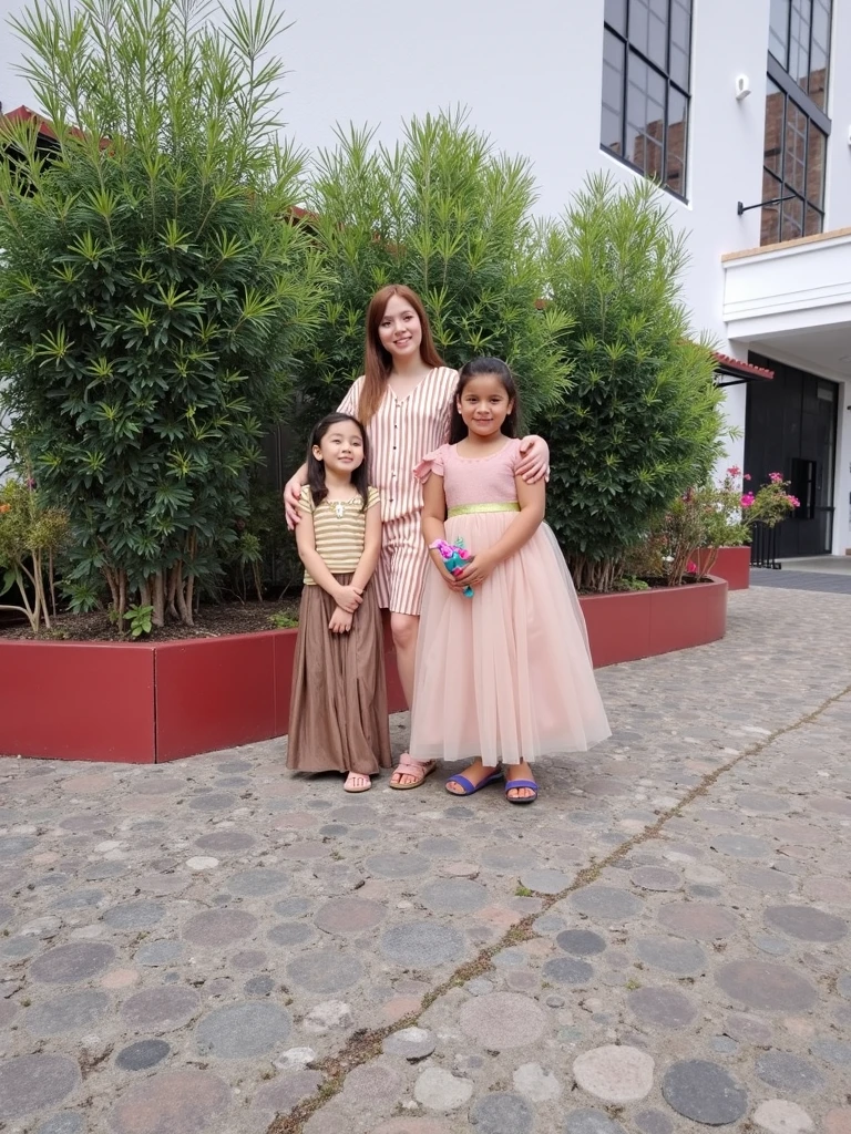 teenage boy between and 20 years old, brown hair, together with two milfs in dresses, and a in the middle of 7 ye