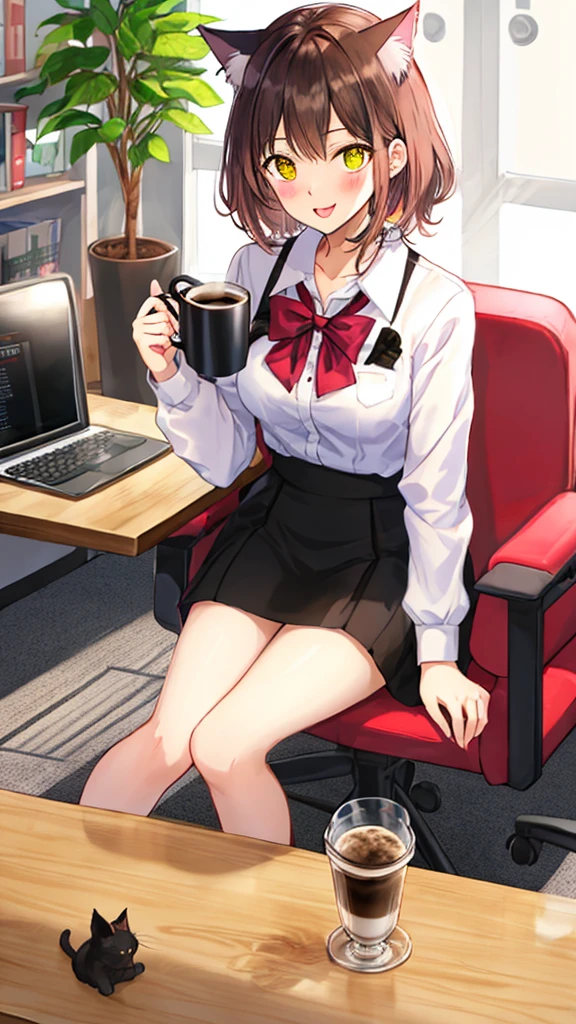 1girl, female masturbation, office lady, office, pencil skirt, skirt lift, spread legs, pussy, white shirt, lanyard, thighhighs, coffee mug, suggestive fluid,, masterpiece, best quality, highly detailed, brown hair, short hair, pink eyes
