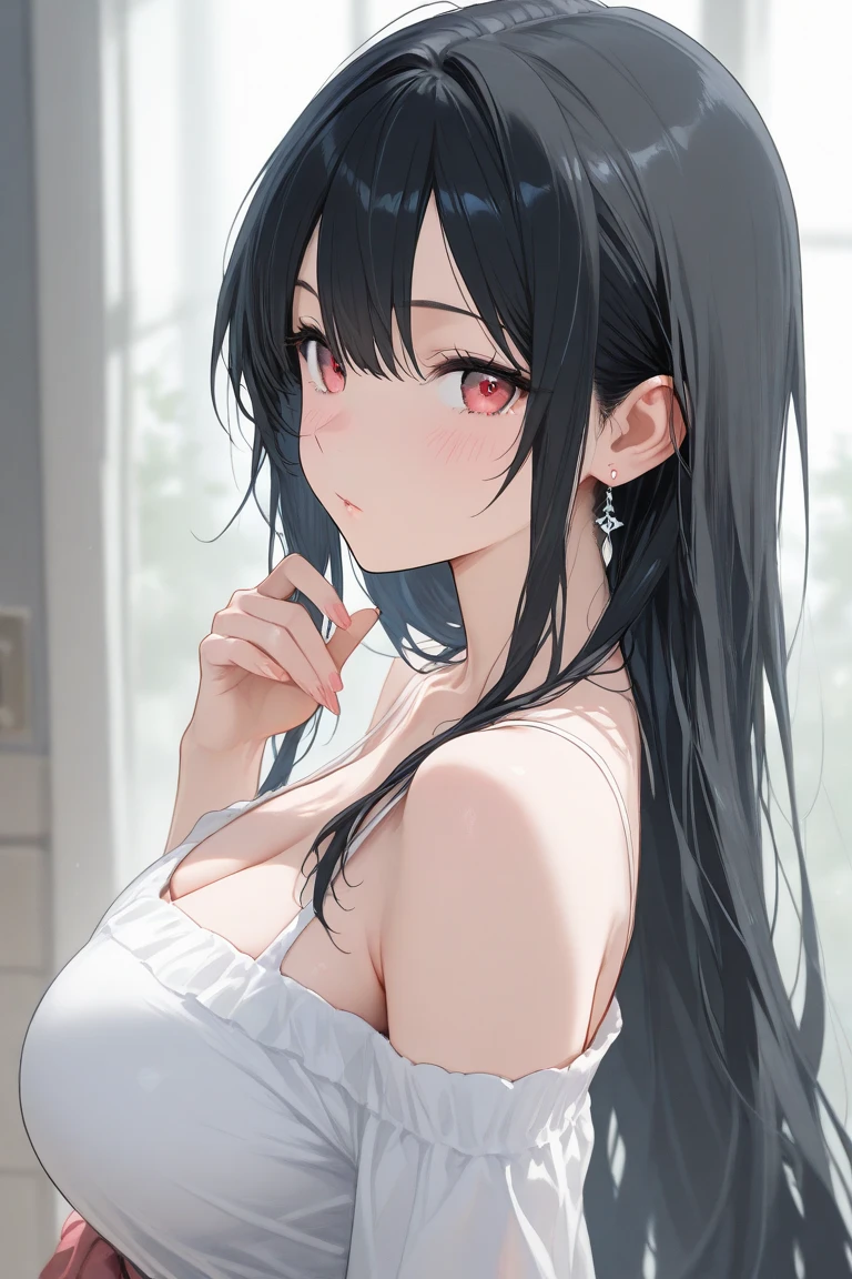 Shooting from above、looking up, Placing hand on chest, five biologically correct fingers, Cleavage、Upper Body, Realistic, real person, (pale skin: 1.2), RAW photo, photorealistic, shiny skin, shiny hair、(A 25-year-old woman with medium-length hair and bangs) and (wavy hair) and (brown hair) and (orange eyes) , White T-shirt 、smile, The background is the living room、Alone、Are standing