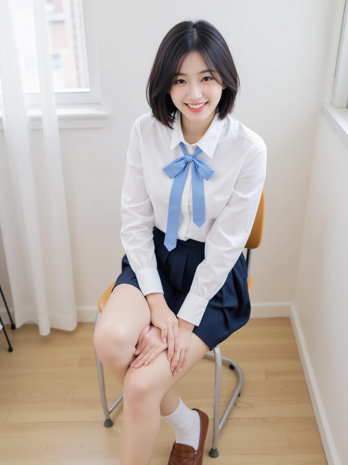 masterpiece、highest quality、super realistic、surreal、Ultra high definition、8k、Raw photo、textured skin、A Nogizaka girl lying on a desk,(16 years old,medium bob hair,bangs,black hair,floating hair,slim,small face,chest is small,thin waist,small ass,smile showing teeth:1.5)、(sailor uniform long sleeve school uniform、dark blue pleated skirt、super short skirt、white panties:1.5)、dynamic pose、classroom、(Natural light、strong sunlight、Moving the chart, film grain、profile、profile、It's blurry、full body shot、very long shot、letterbox、negative space、Sigma 85mm F/1.4)、finder