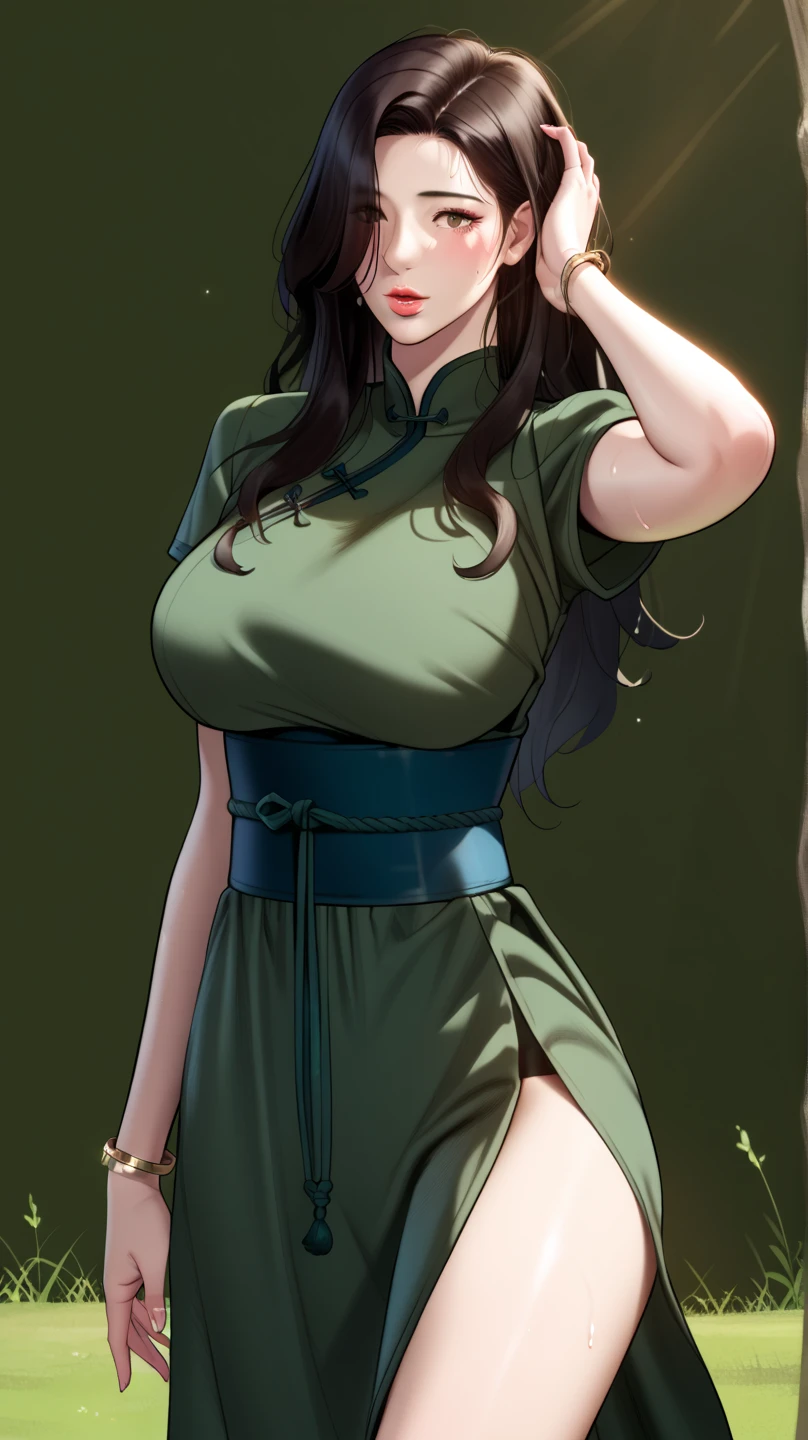 3dcg (0.8), human wife, black hair, light green clothes, elegant temperament, underwear, big breasts, half naked, cleavage, beautiful legs, visible, high quality, detailed, HD