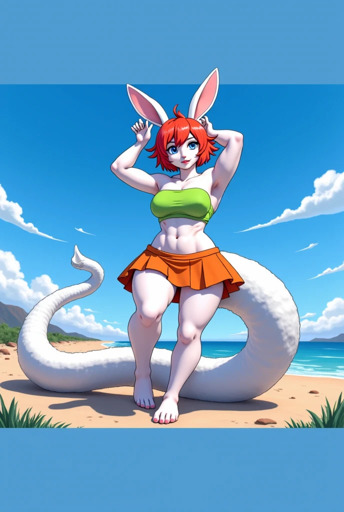 Rat,1girl,gray colored skin,long hair,wavy hair,purple hair,masterpiece,best quality,barefoot,purple eyes, medium breasts, tall stature, long tail, ,no makeup,expressionless,bzeh art style,tail coming from her lower back,long tail,tail,tail,tail,smile,looking at viewer,cheerful,steel collar, beach,sunny day,bikini,sun hat, beach dress, lace bikini, hands on knees,front focus, leaning forward, adorable, flirty, hanging breasts, big breasts, saggy breasts