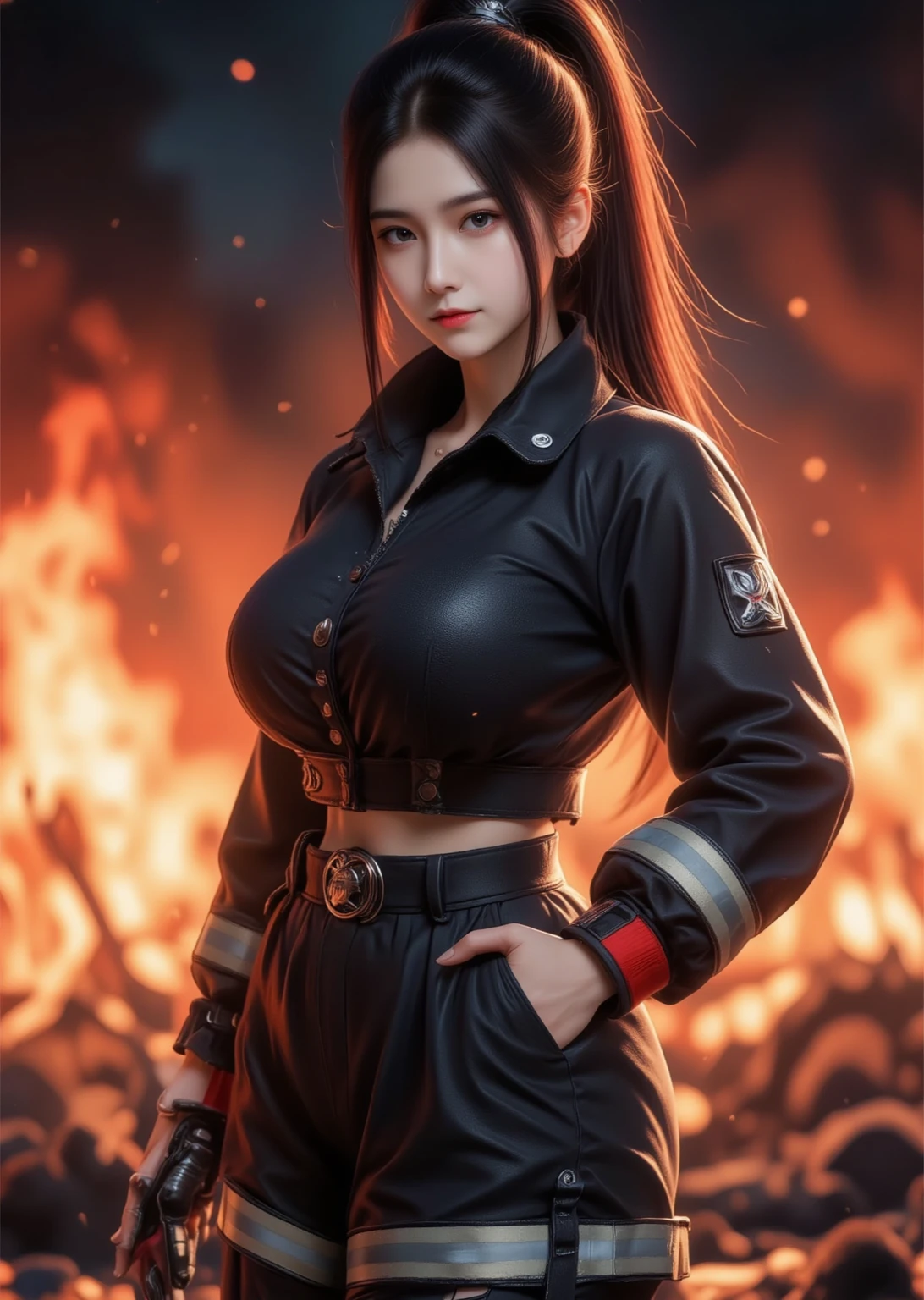India Eisley, Arafed woman in a firefighter costume posing for a photo, close - fit firefighter costume, high quality costume, firefighter leather suit, wavy lingerie, monokini, firefighter scrubs, y, tight clothing suit, fire, building on fire, flames, cinematic style.