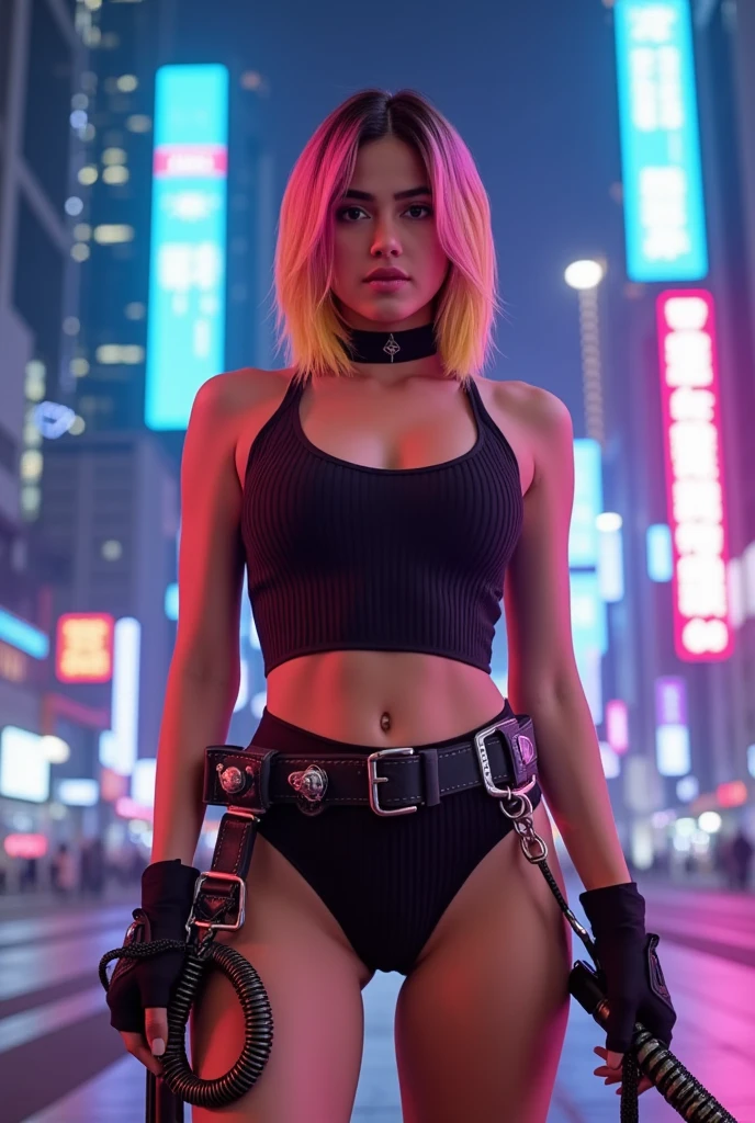 Corpo inteiro com rosto 2D estilo de pintura spray de graffiti, cidade cyberpunk chuvosa no fundo, mulher russa bonita de 27 anos com cabelo turquesa ondulado cacheado no comprimento do queixo, white gray orange colorful dieselpunk outfit with many straps, jaqueta solarpunk branca, powerful dancer leg pose., estilo ciborgue, estilo de fotografia neon, pernas longas e corpo quente