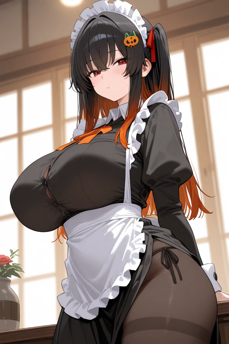 SFW, (maid clothes), (gigantic breasts), firm breasts, slim waist, curvy figure, (black_hair, red_eyes, long ponytail)