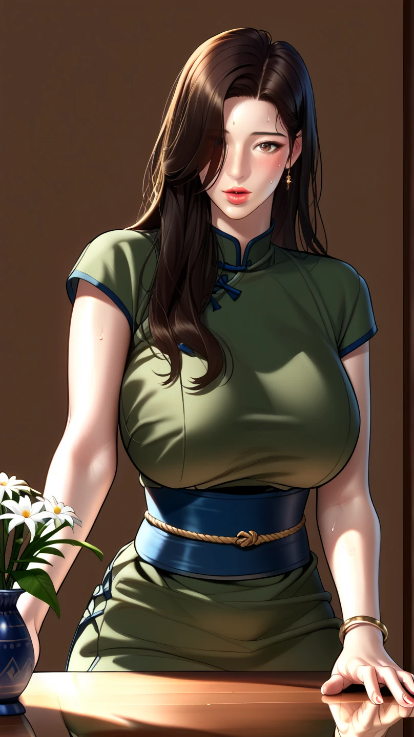 Photo of a woman with natural skin, Upper Body, Seaside cave, The light is shining in, High Twintails, Black hair with red mesh, Sharp eyes with red eyeshadow, Blue-green eyes, Shining eyes, A thin, upturned nose, Well-shaped lips, Big Breasts, ((China dress, Short sleeve)), barefoot, Makeup, Exquisitely crafted with the utmost attention to detail, Vibrant, amazing, Smooth, Cinematic, 4K, Backlight, (()), Shallow depth of field, ((Detailed eyes:1.3, Detailed lips:1.3, high quality, )), masterpiece, Super detailed images, High quality