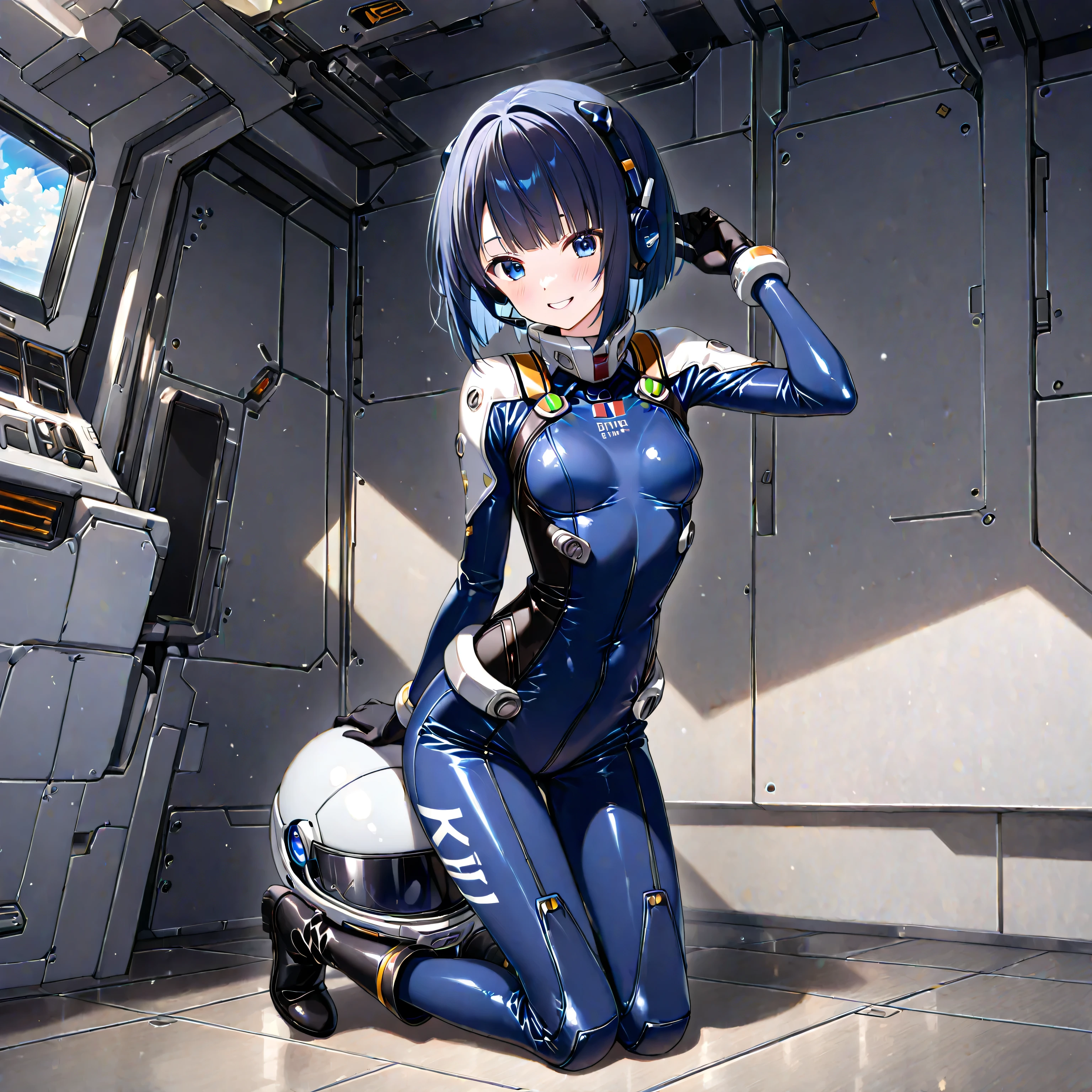 (masterpiece、highest quality、highest resolution、clear_image、Detailed details、Angle from above): (full body figure、One 20 year old girl、Japanese face、small face、thin、navy blue super short bob cut hair、(Hidden Small:1.3)、shining blue eyes、Blue and black shiny pilot suit、armor that protects the chest、tight-fitting clothes、clothes that cover the whole body、shiny clothes、tight fit pants、hide the skin、very delicate and beautiful、fine skin、hide thighs、hide your butt、cute type、gentle smile、soft expression、heroine、headset、knee high boots、gloves up to the elbow、eye level shot、face to face directly、woman on a spaceship) big size chest and thin nipples