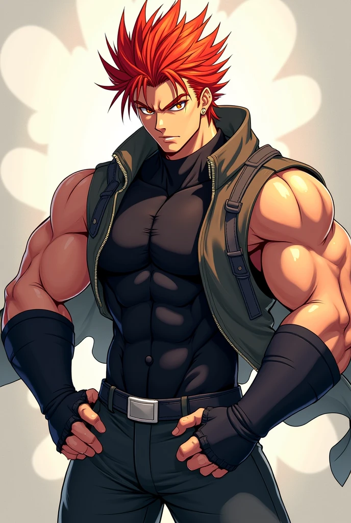 a mais alta qualidade, 8k, image high resolution, Jujutsu kaisen estilo anime , Detailed strokes, fundo desfocado, purple light reflecting on him , (angulo de perto), 1 homem, jovem, masculo, modelo, no shirt, bandeide na boca, multicolored background with various geometric shapes , stikers em volta, musculoso, cabelo vermelho, sem camisa , pants marking the crotch, olhos marcantes , Peito inchado amostra