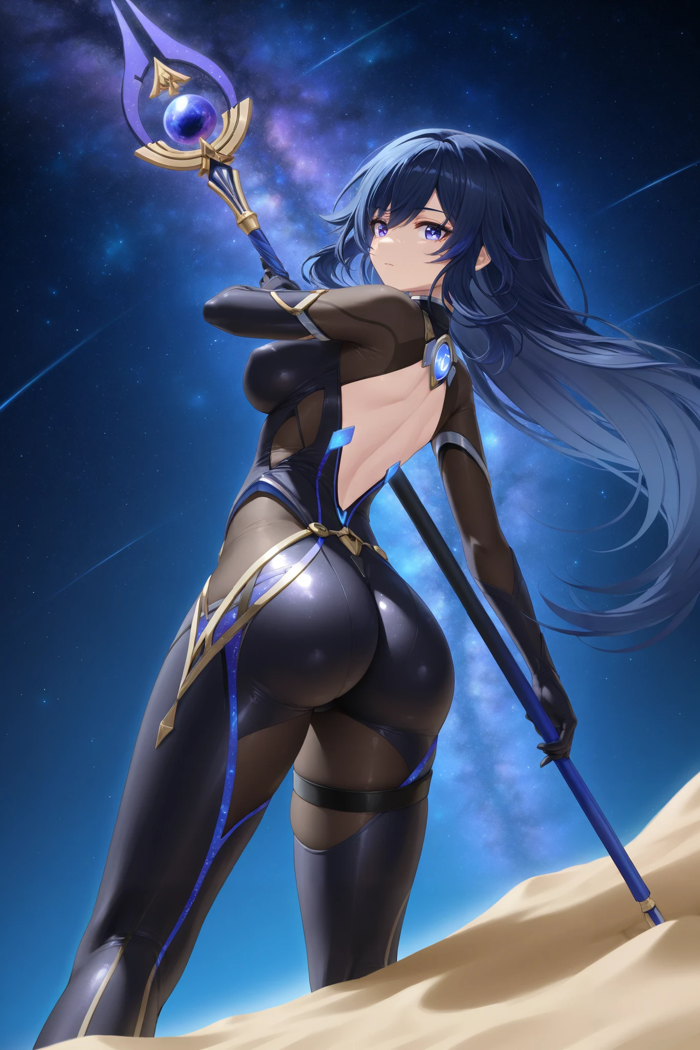 long hair, dark-blue hair, pointy ears, dark-blue eyes, anatomically correct, best quality, masterpiece, high quality, high details, highres, HD, (shaded face:1.2), hollow eyes, dark-blue eyes, looking at viewer, 1girl, mask, ass, looking_back, looking_at_viewer, solo, back, from_behind, blurry, scarf, breasts, mouth_mask, large_breasts, armor, black_bow, thighs, hair_bow