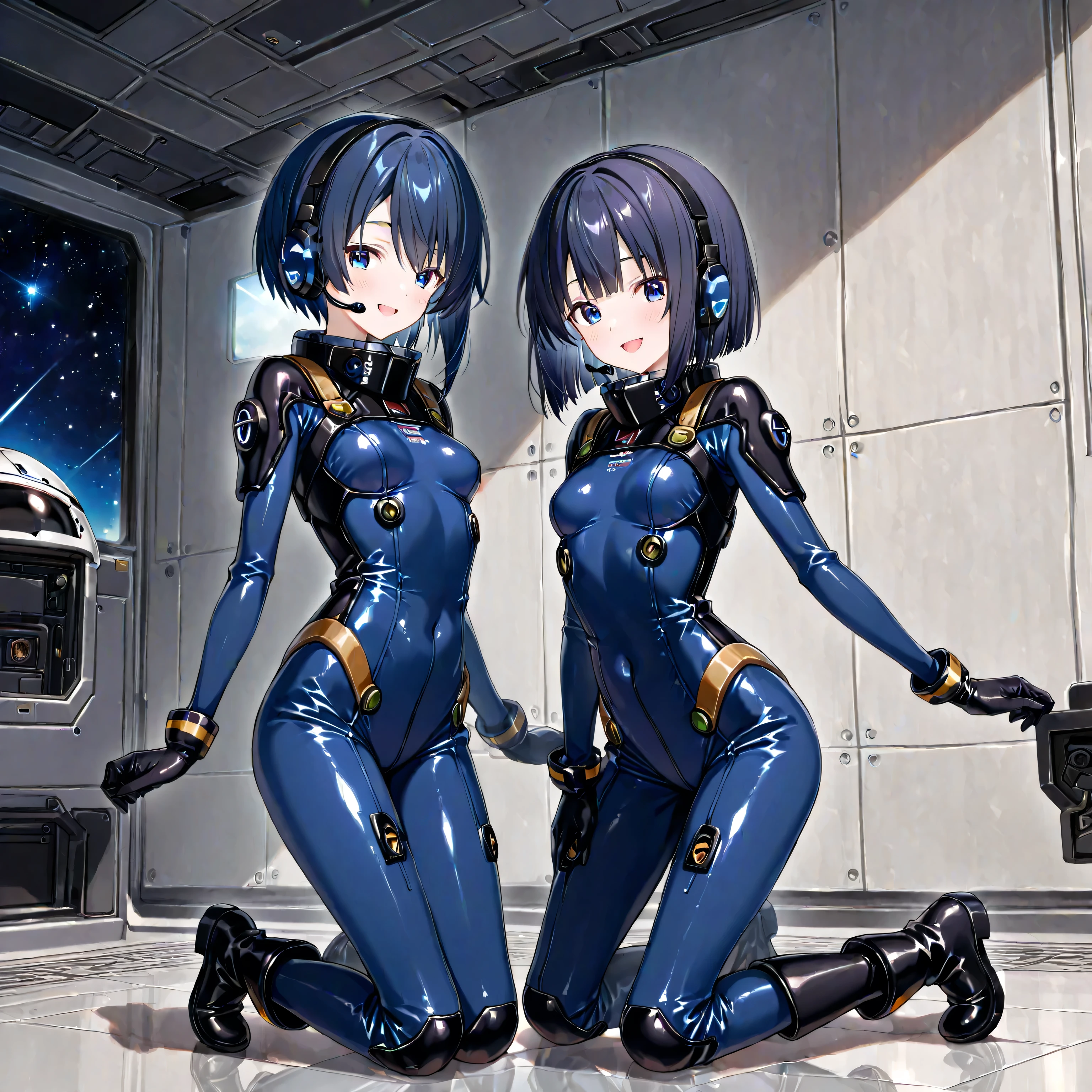 ultra-detailed, highly detailed illustration, best quality, ultra realistic 8k cg, real photo, picture-perfect face, flawless, clean, masterpiece, professional artwork, famous artwork, cinematic lighting, cinematic bloom, (perfect face:1.8), (beautiful face:1.8), (perfect eyes:1.5), (seductive eyes:1.5), (beautiful detailed eyes:1.5), (beautiful eyes:1.5), (perfect smile:1.5), happy, hangar, sharp focus, full body,
(fortified suit:1.5), (blue_bodysuit:1.3), (blue bodysuit:1.3), 3girls, side-by-side, breast press, symmetrical docking, blush, looking at viewer, standing, covered navel, shiny clothes, skin tight bodysuit, impossible clothes, impossible bodysuit, covered, holding hands, smile, blush, full-face blush, embarrassed, headgear,
sexy, charming, alluring, seductive, enchanting, <lora:FortifiedSuitV1:1>