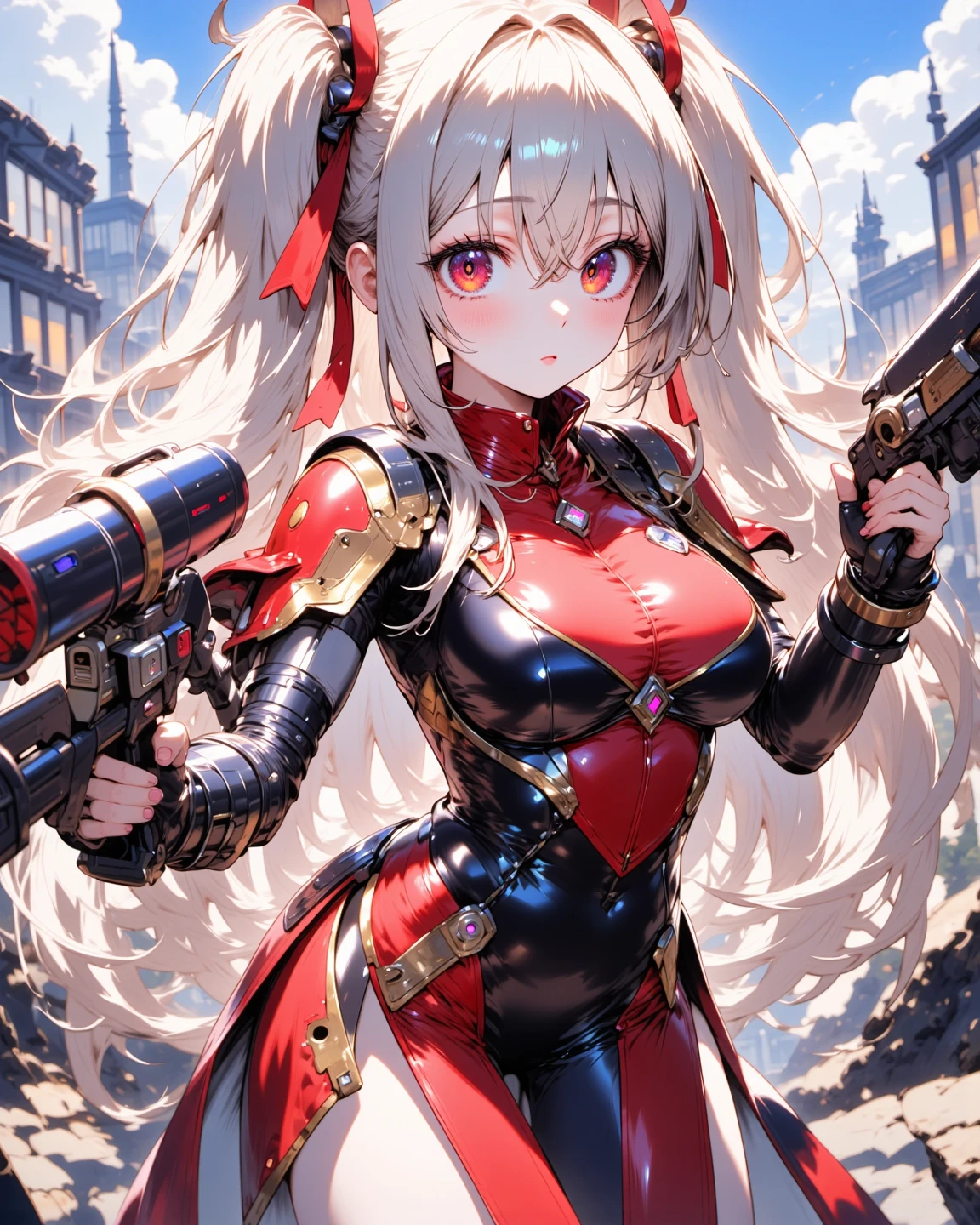 top-quality、Top image quality、​masterpiece、girl with((Red Leotard、Black Mechanical Armor、sixteen years old、teen ager、cute little、Best Bust、big bast,Beautiful light blue eyes、Breasts wide open, a blond、A slender,Large valleys、belligerent movements,Warlike face、fighting poses、Sword in right hand、shield in left hand、Navel Tank Top、posterior view、Emphasis on the buttocks)),hiquality、Beautiful Art、Background with((universes)))、Depth((black hole)),masutepiece、depth of fields,Cinematic style