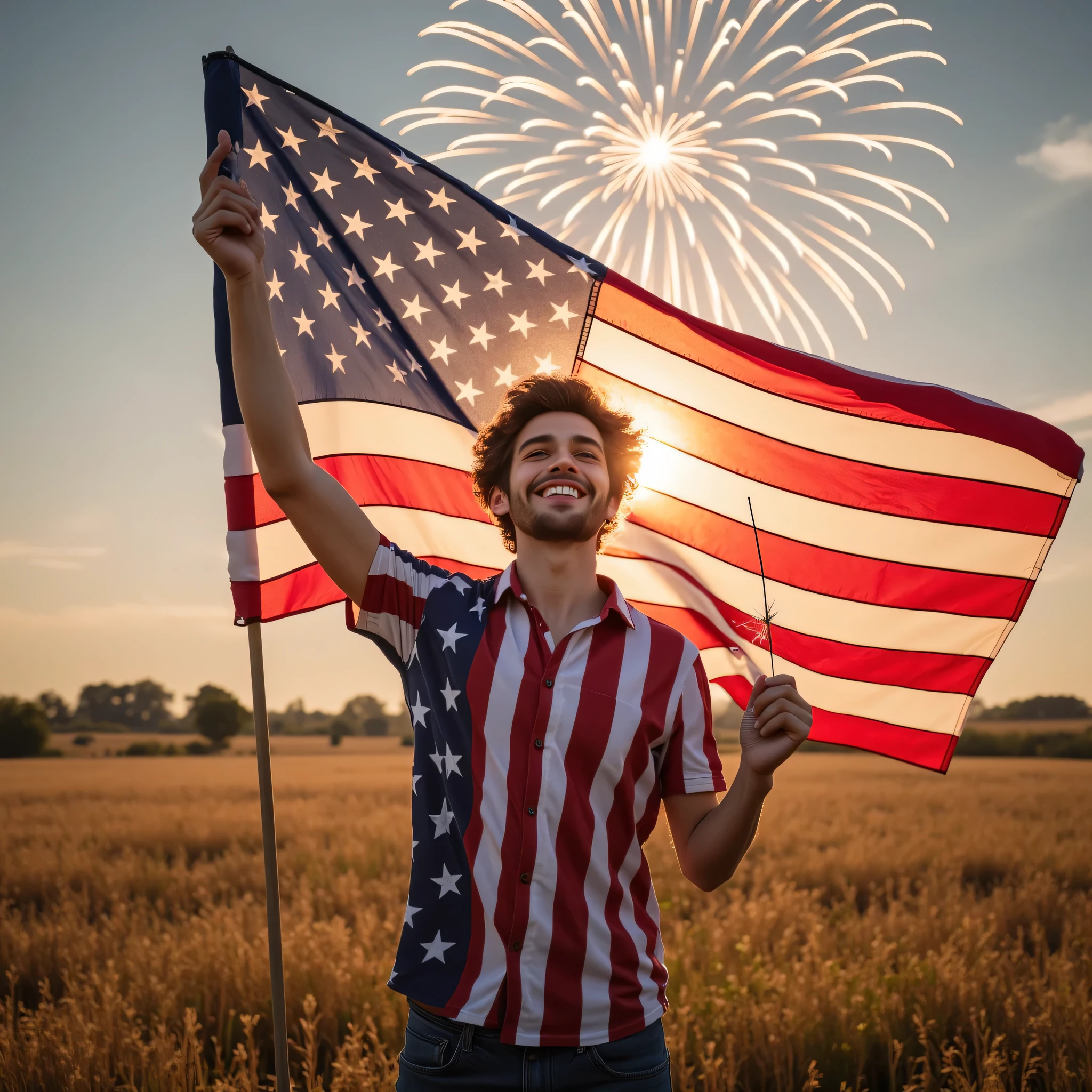 american independence day celebrate, detailed american flag, proud patriotic citizen, smiling face, waving hand, holding sparklers, standing in sunny field, red white and blue decorations, fireworks exploding in sky, 4k, photorealistic, high quality, vibrant colors, dramatic lighting, cinematic composition, digital painting