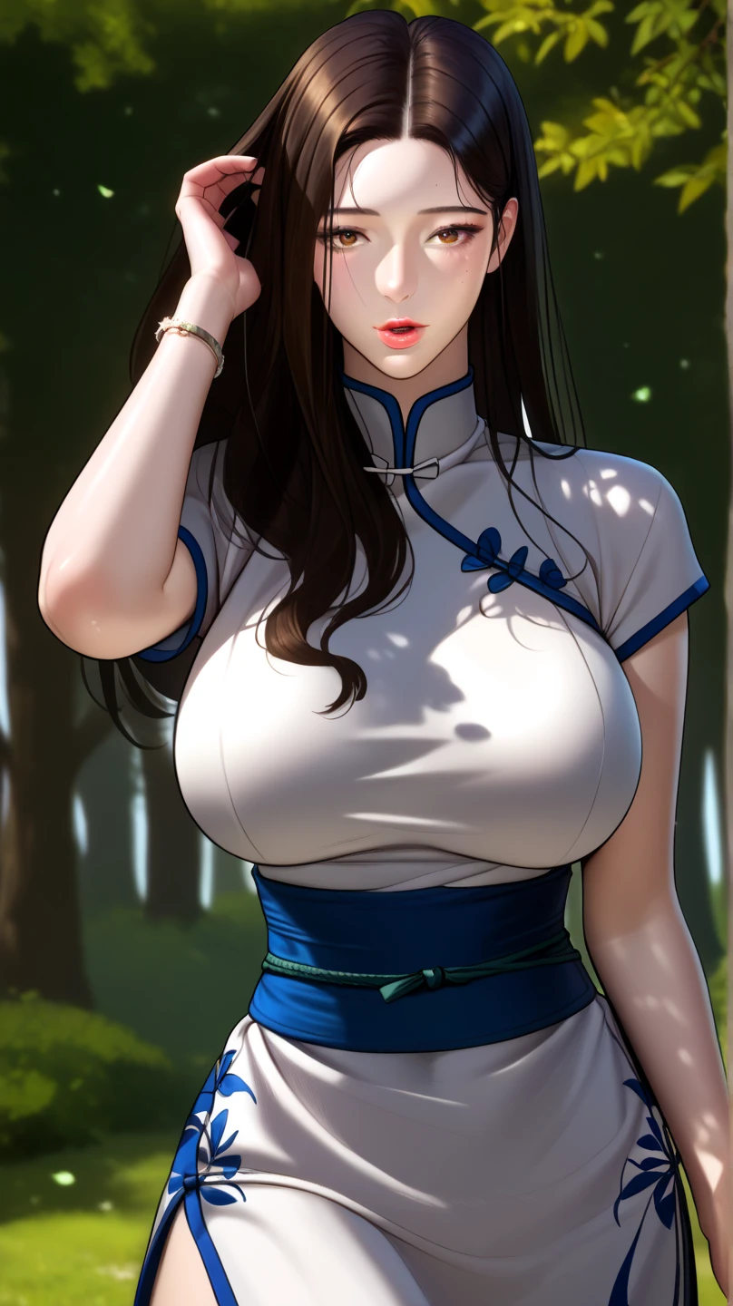 1 female，Large Breasts（background：In the woods，Rainforest，In the summer，oxygencean） She has short black hair，，Straight Hair，red lips，stand，Front view， oxygen， gloomy sky，（（（masterpiece），（Highly detailed CG in Nity 8k wallpaper），最oxygen质量，Light，详细background，beautiful eyes，（Very delicate and beautiful），（Beautiful and detailed description of the eyes），在ltra Detailed，masterpiece，）），face camera，high resolution，在ltra Detailed），House violence，Exposing genitals， Convex，Camel toe，性感Convex出，High School Students（wear：，Blue school uniform）